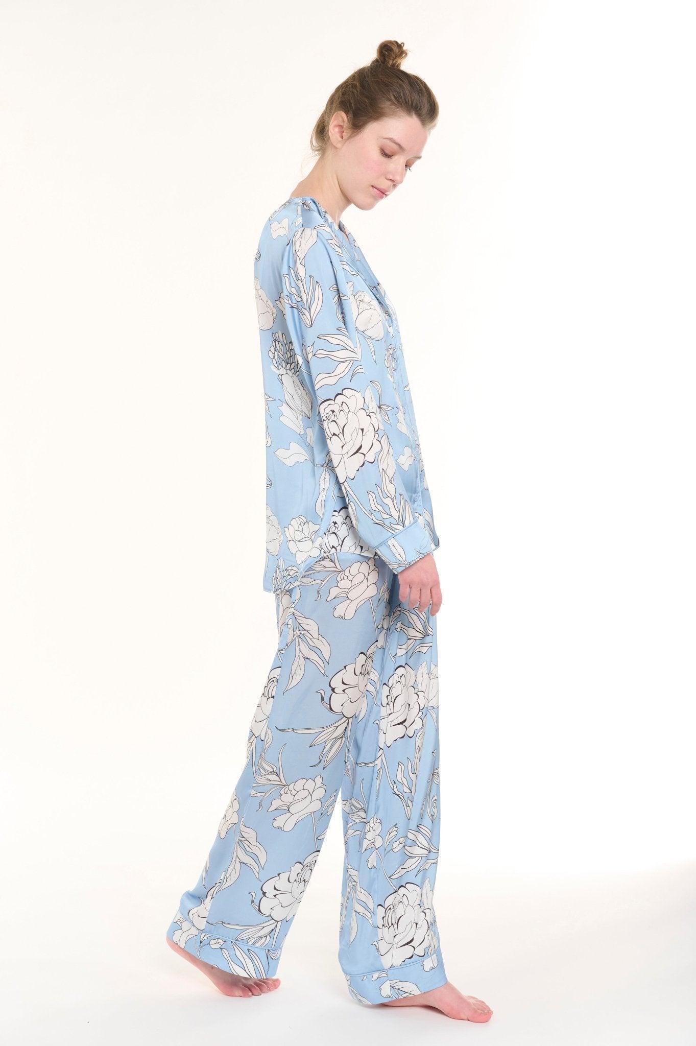 Elena - Serene Baby Blue Floral Satin Pajama Set - NOWIHT - Pajama Set