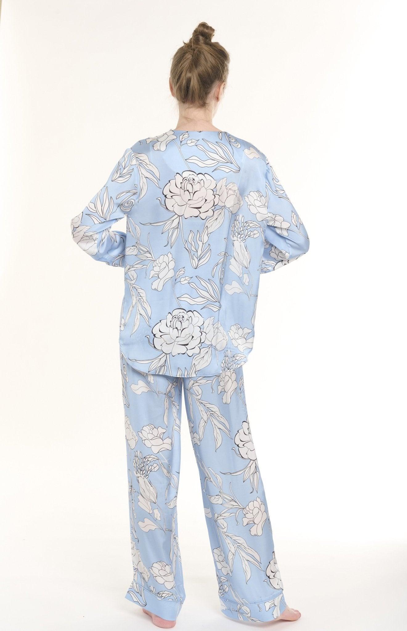 Elena - Serene Baby Blue Floral Satin Pajama Set - NOWIHT - Pajama Set