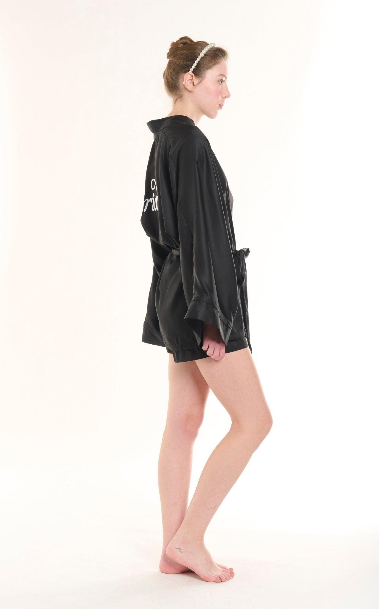 Eleonora - Black Satin Kimono Robe & Shorts Set - NOWIHT - Pajamas