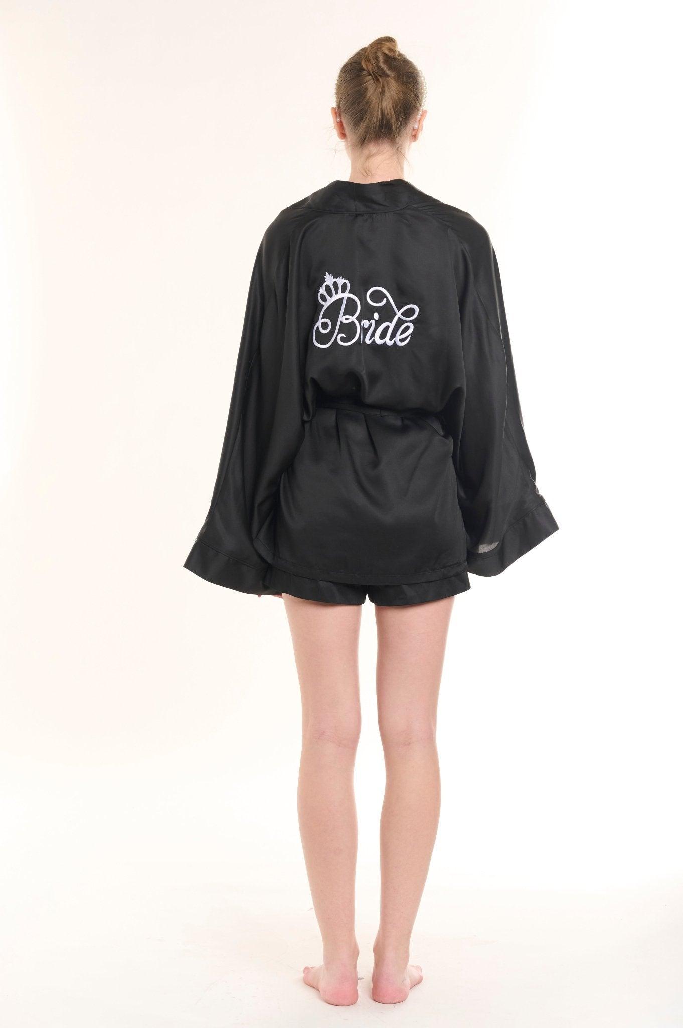 Eleonora - Black Satin Kimono Robe & Shorts Set - NOWIHT - Pajamas