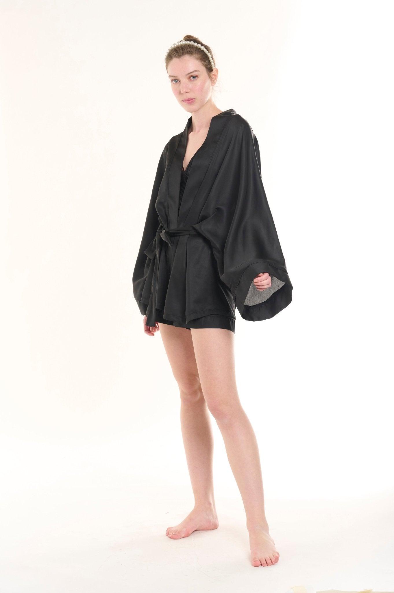 Eleonora - Black Satin Kimono Robe & Shorts Set - NOWIHT - Pajamas