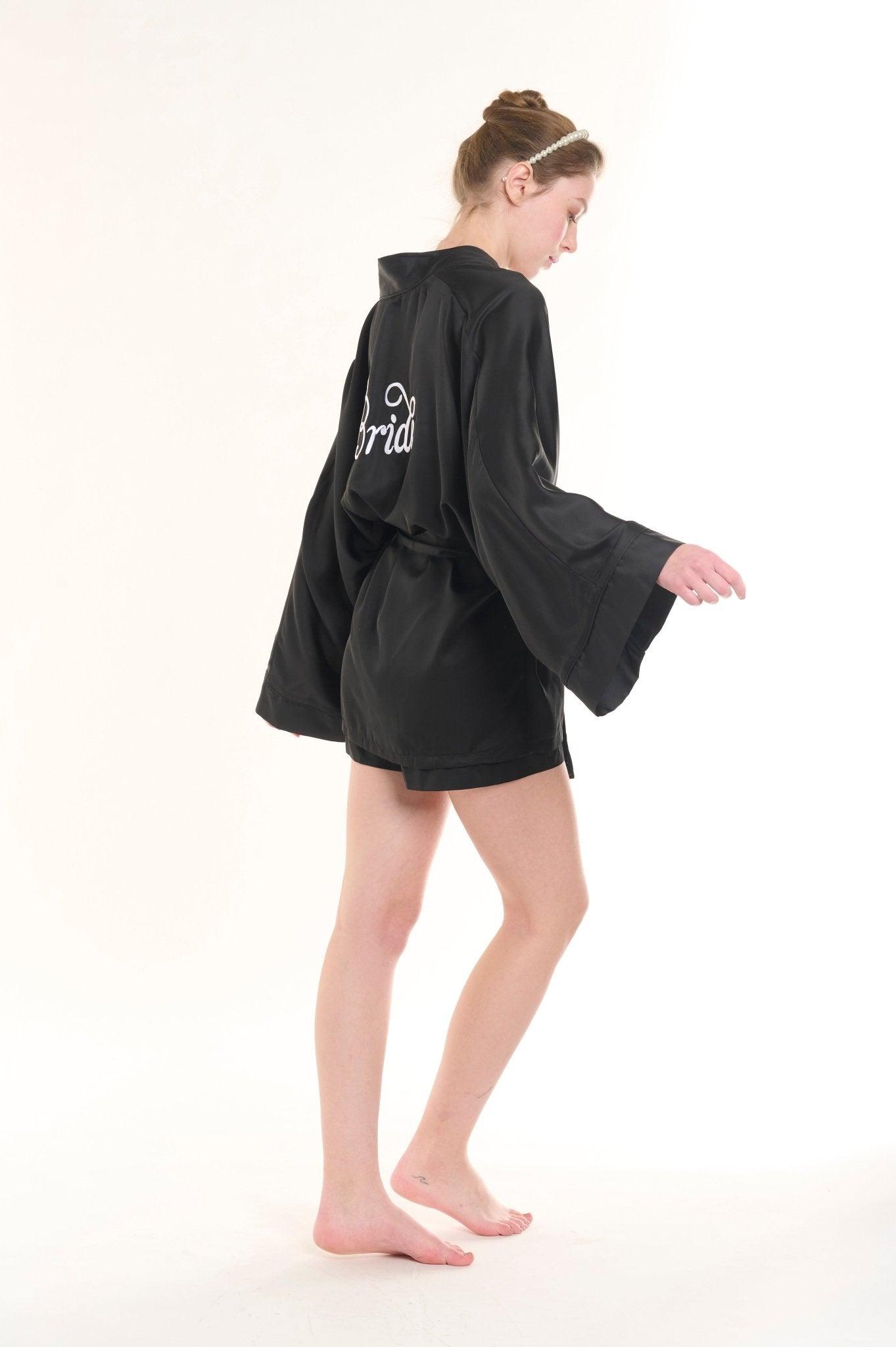 Eleonora - Black Satin Kimono Robe & Shorts Set - NOWIHT - Pajamas