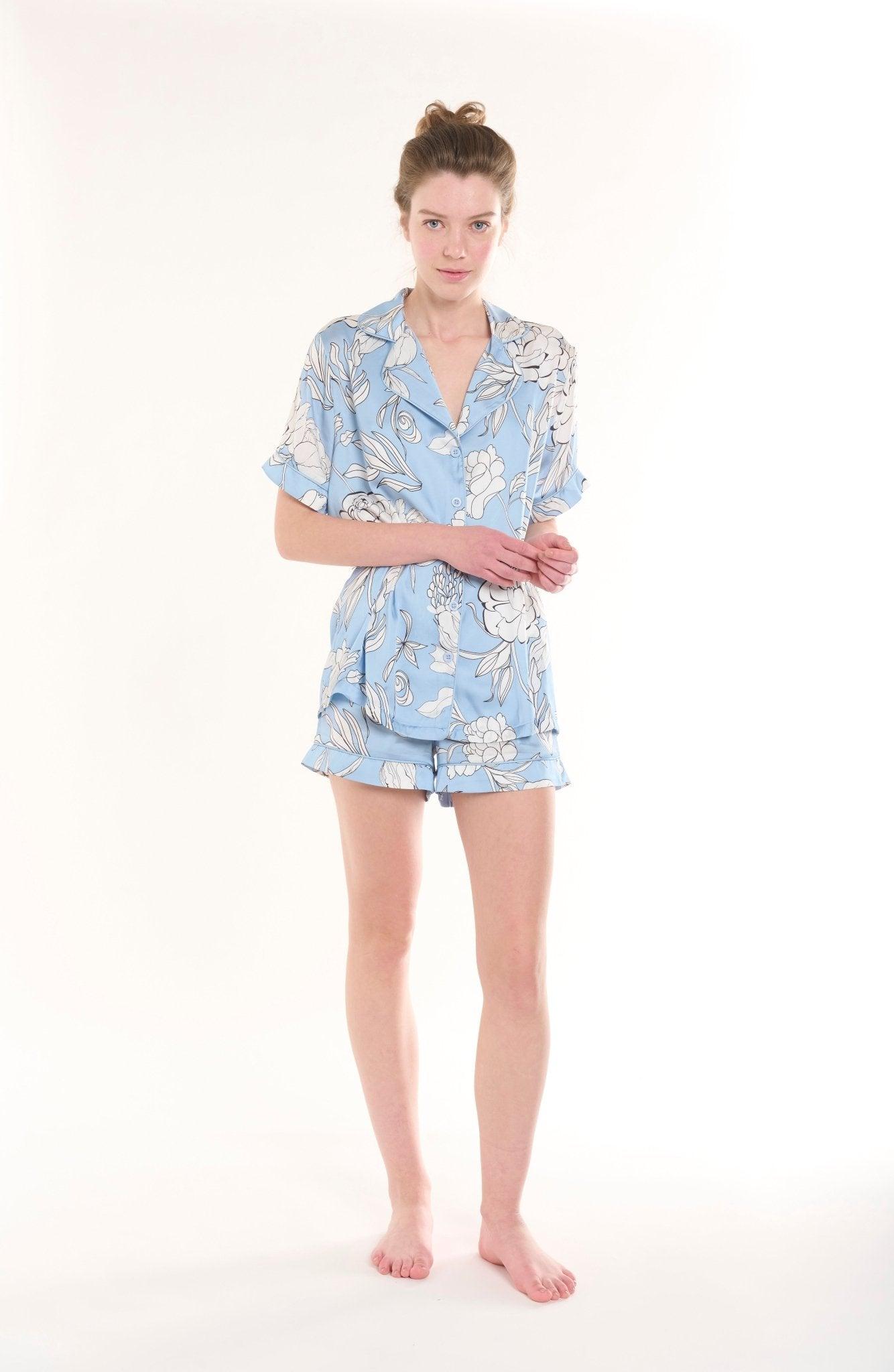 Eliana - Azure Blooms Satin Pajama Set - NOWIHT - Pajamas