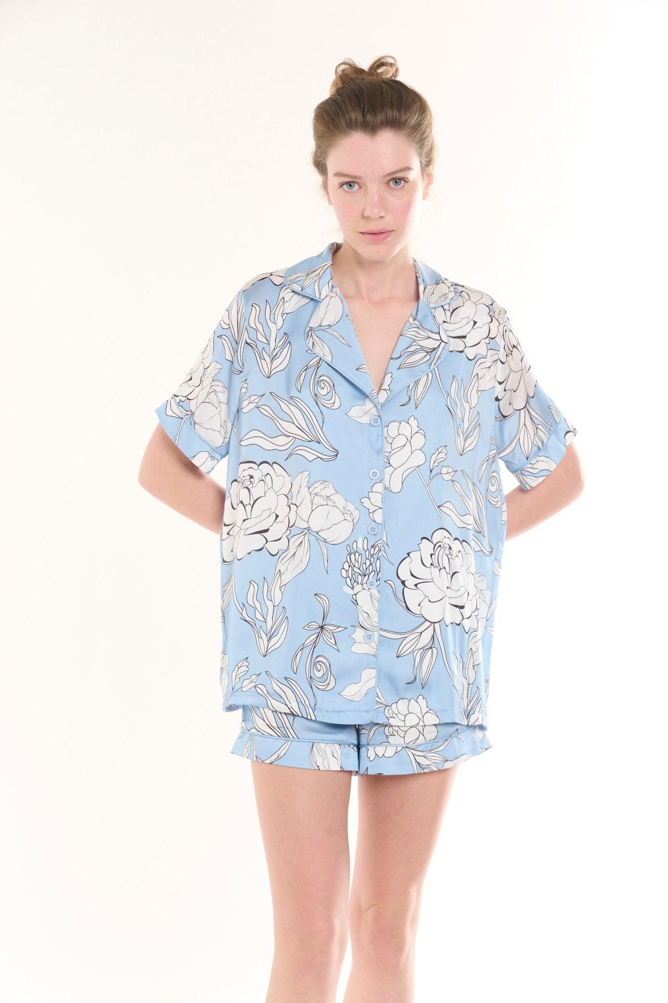 Eliana - Azure Blooms Satin Pajama Set - NOWIHT - Pajamas