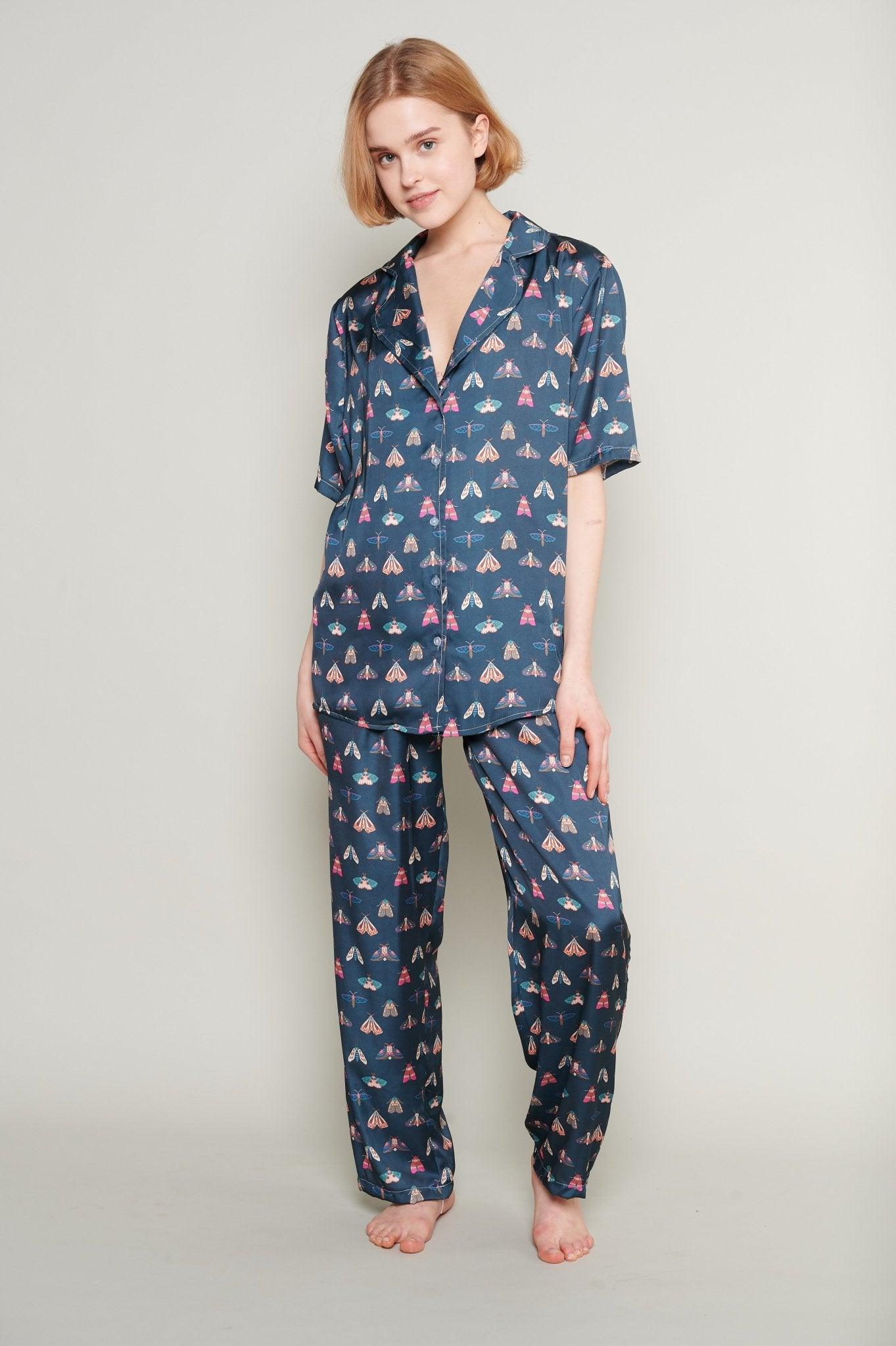 Elise - Navy Moth Satin Pajama Set - NOWIHT - Pajamas