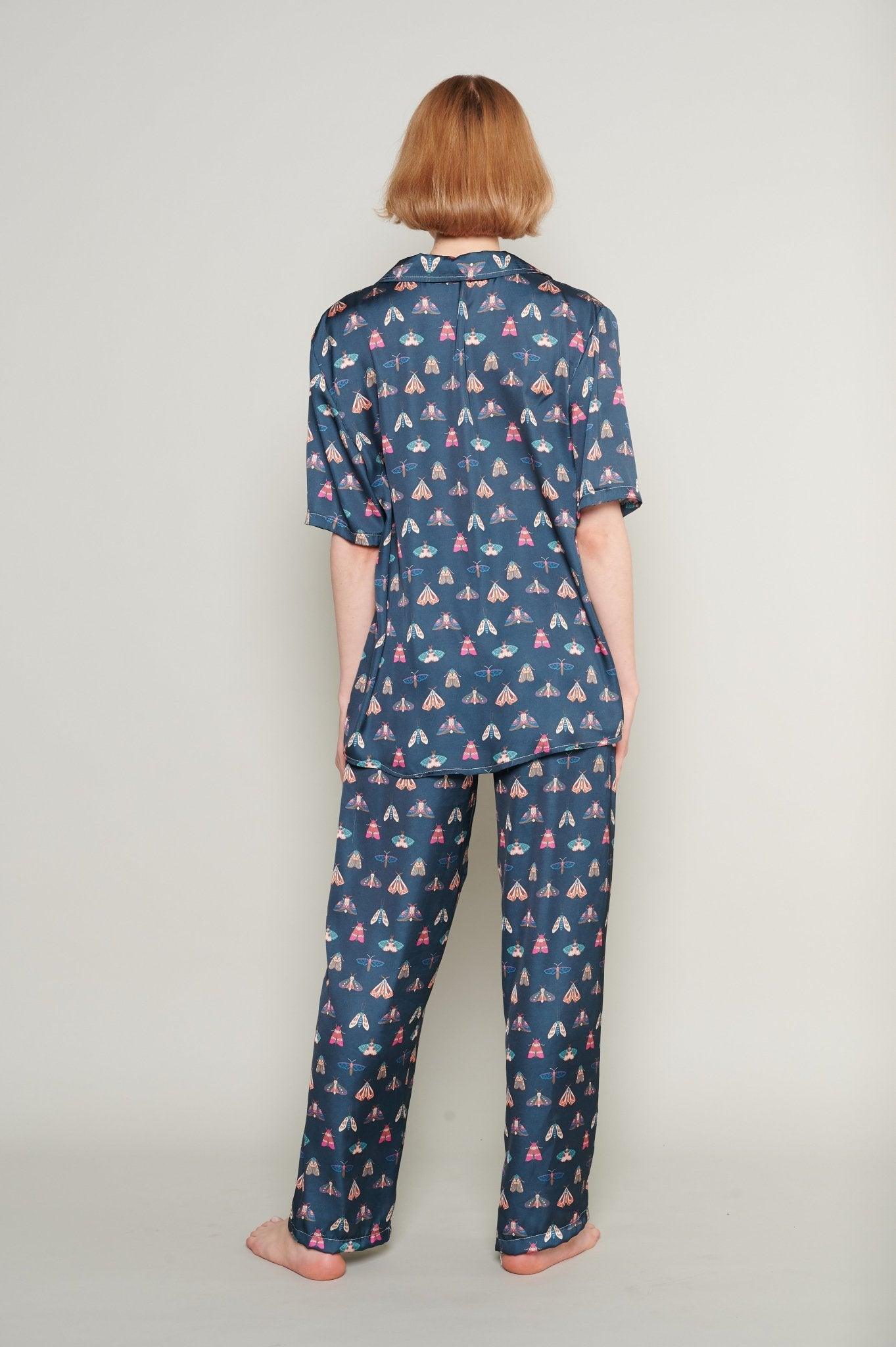 Elise - Navy Moth Satin Pajama Set - NOWIHT - Pajamas