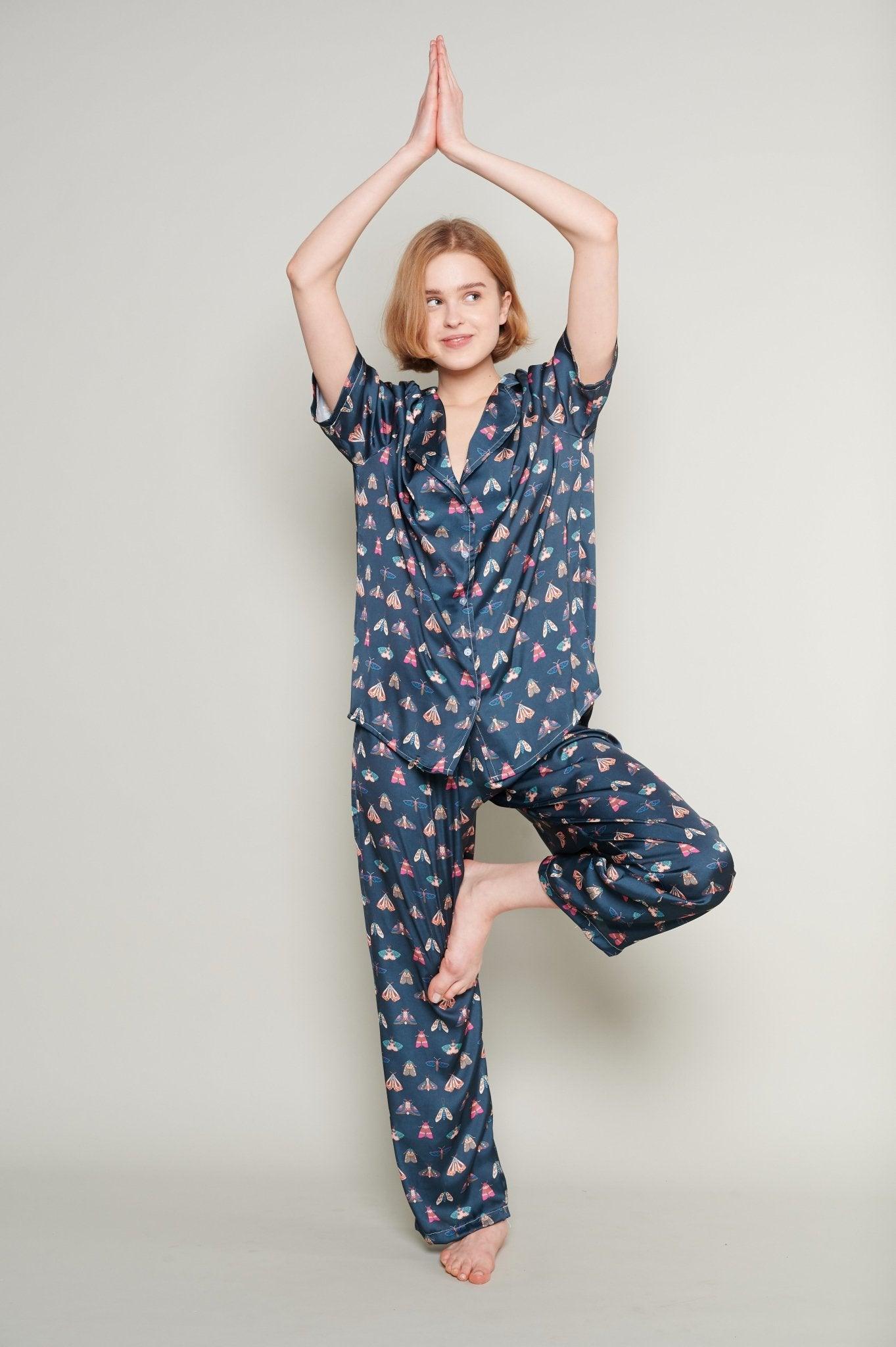 Elise - Navy Moth Satin Pajama Set - NOWIHT - Pajamas