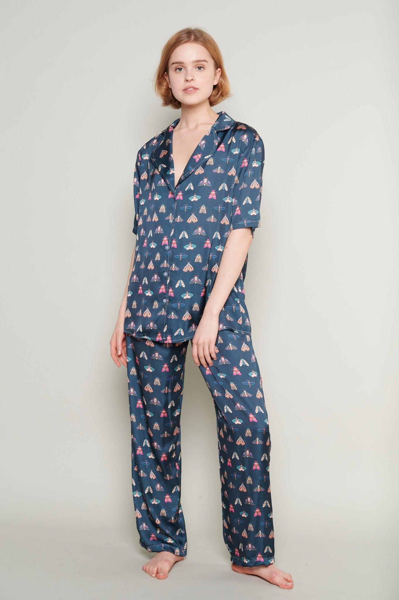 Elise - Navy Moth Satin Pajama Set - NOWIHT - Pajamas