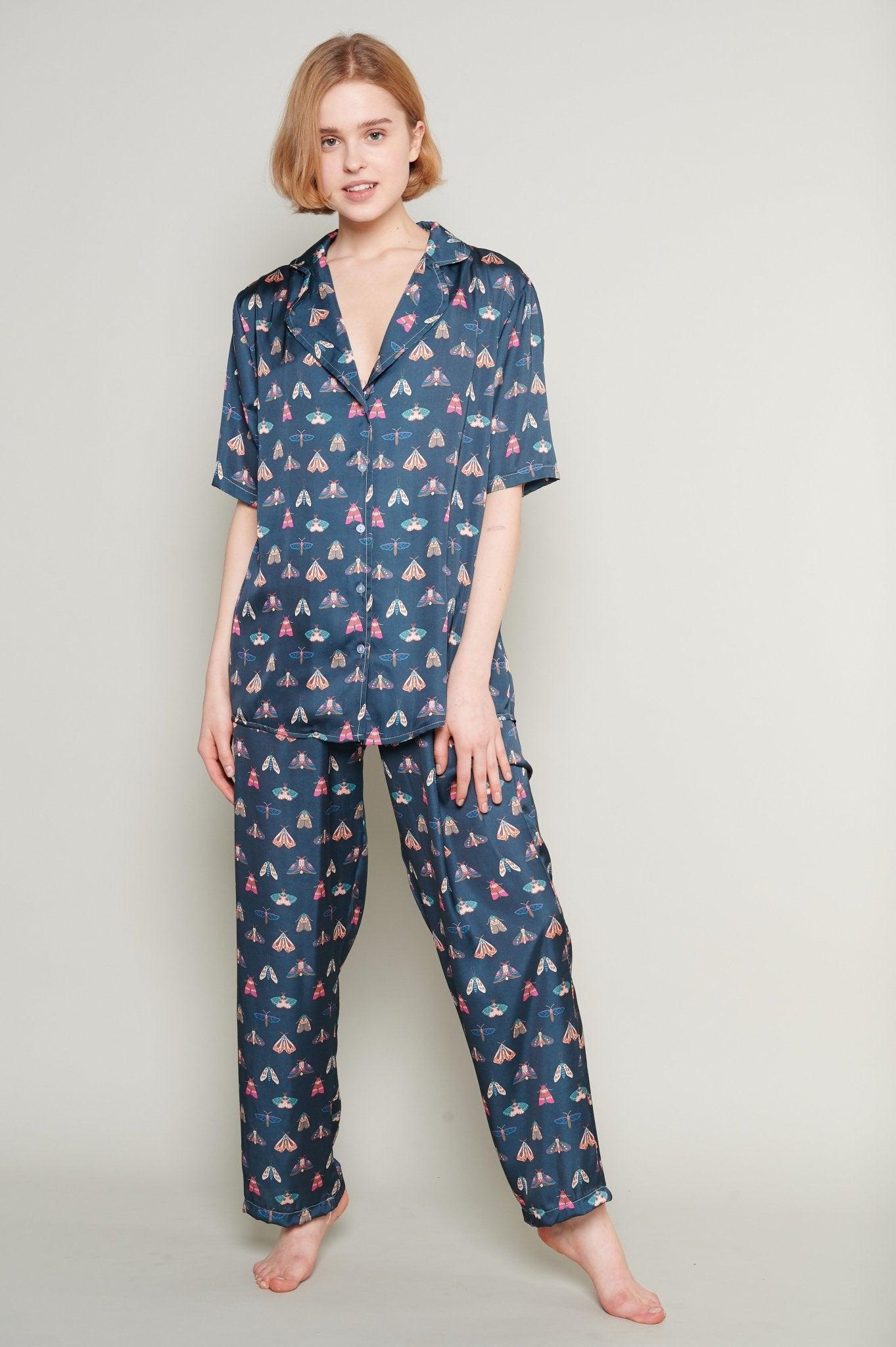 Elise - Navy Moth Satin Pajama Set - NOWIHT - Pajamas