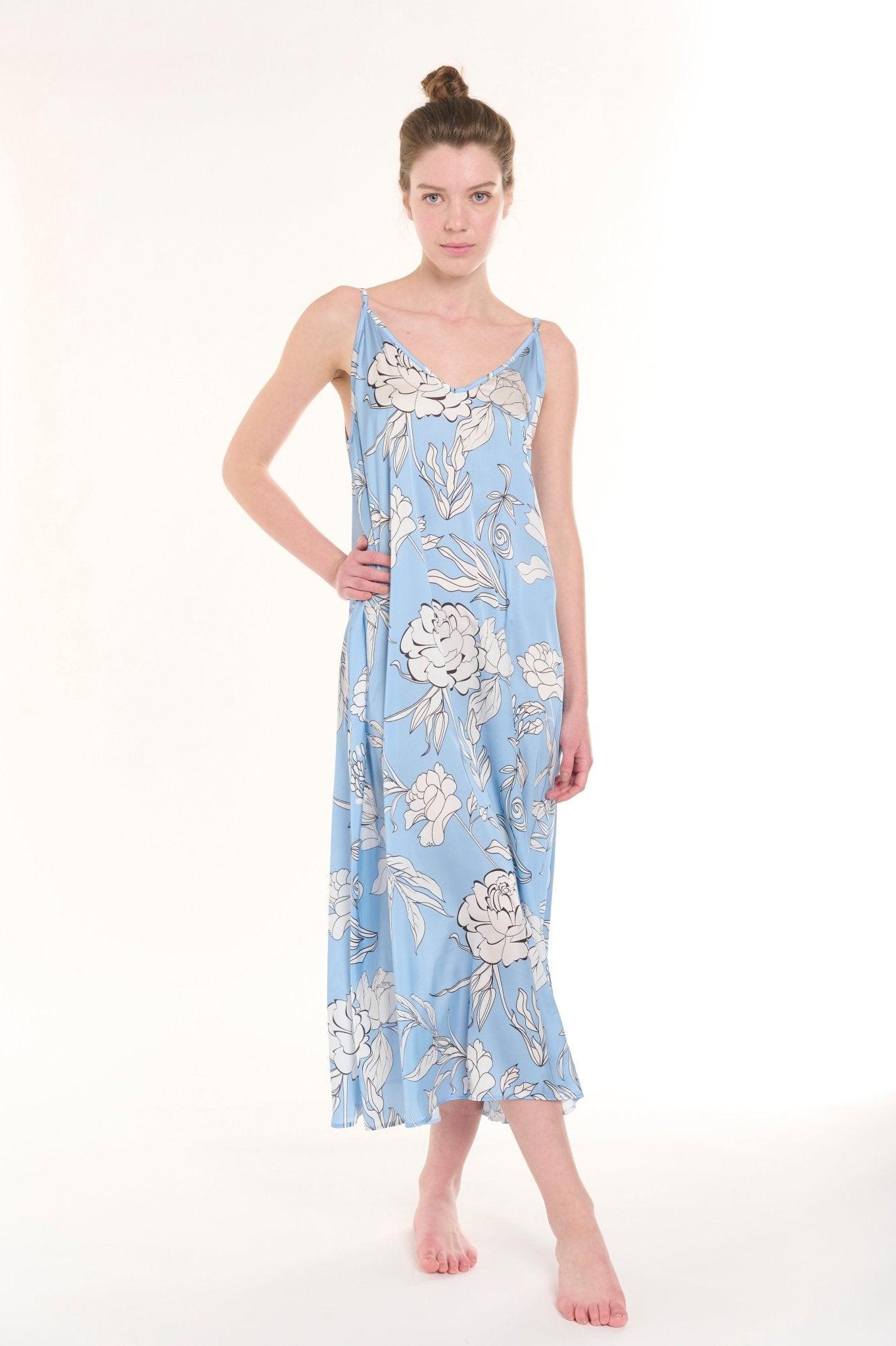 Eloise - Floral Fantasia Long Satin Nightgown with Delicate Spaghetti Straps - NOWIHT - Nightgowns