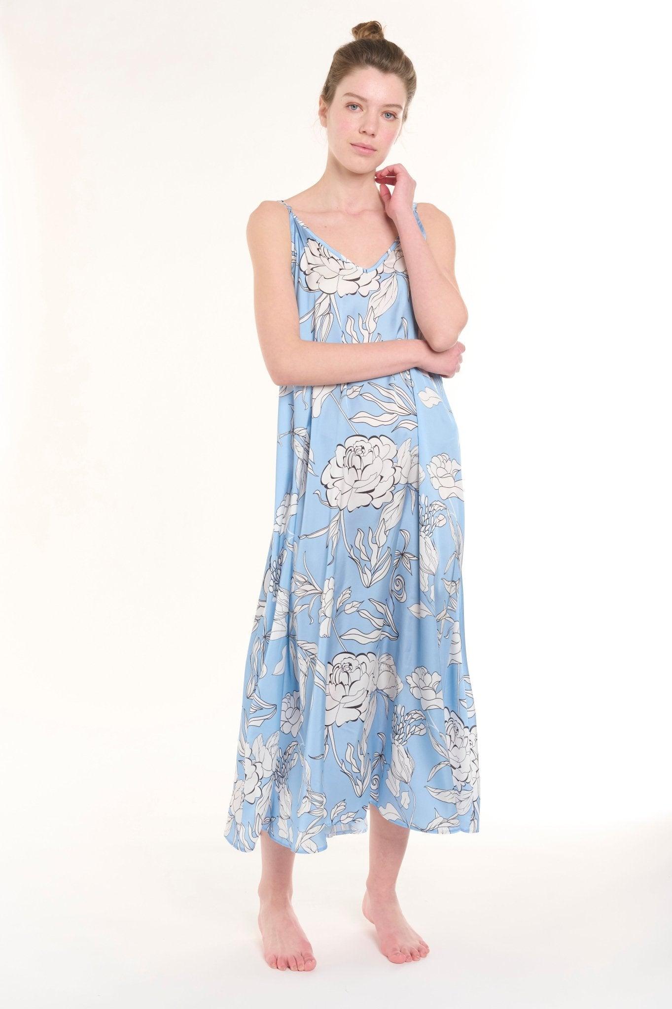 Eloise - Floral Fantasia Long Satin Nightgown with Delicate Spaghetti Straps - NOWIHT - Nightgowns