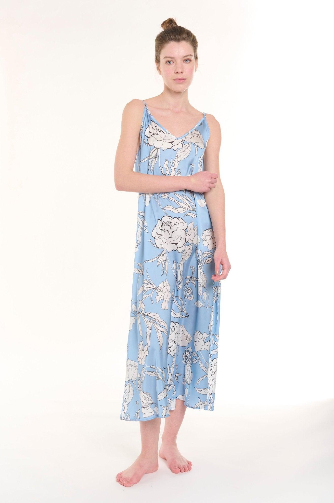 Eloise - Floral Fantasia Long Satin Nightgown with Delicate Spaghetti Straps - NOWIHT - Nightgowns