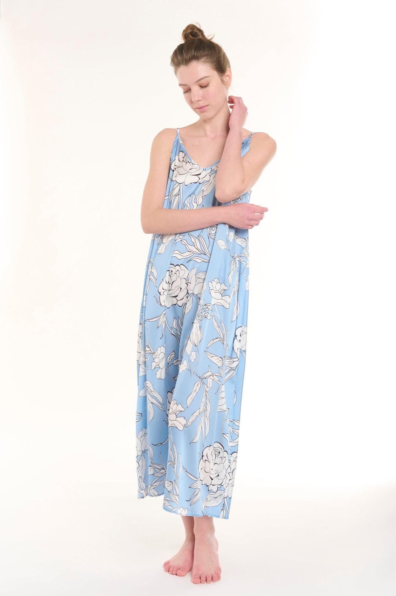 Eloise - Floral Fantasia Long Satin Nightgown with Delicate Spaghetti Straps - NOWIHT - Nightgowns