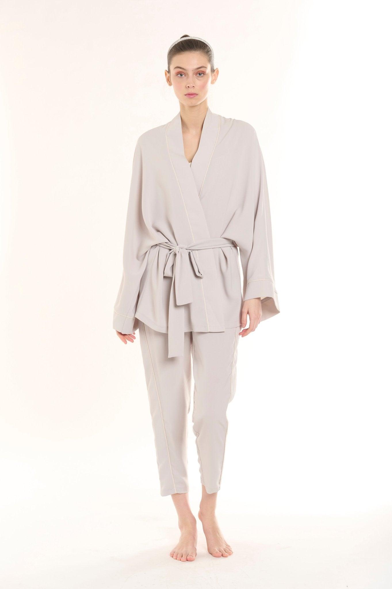 Elowen - Gray Kimono Robe & Pants Satin Pajama Set - NOWIHT - Pajamas