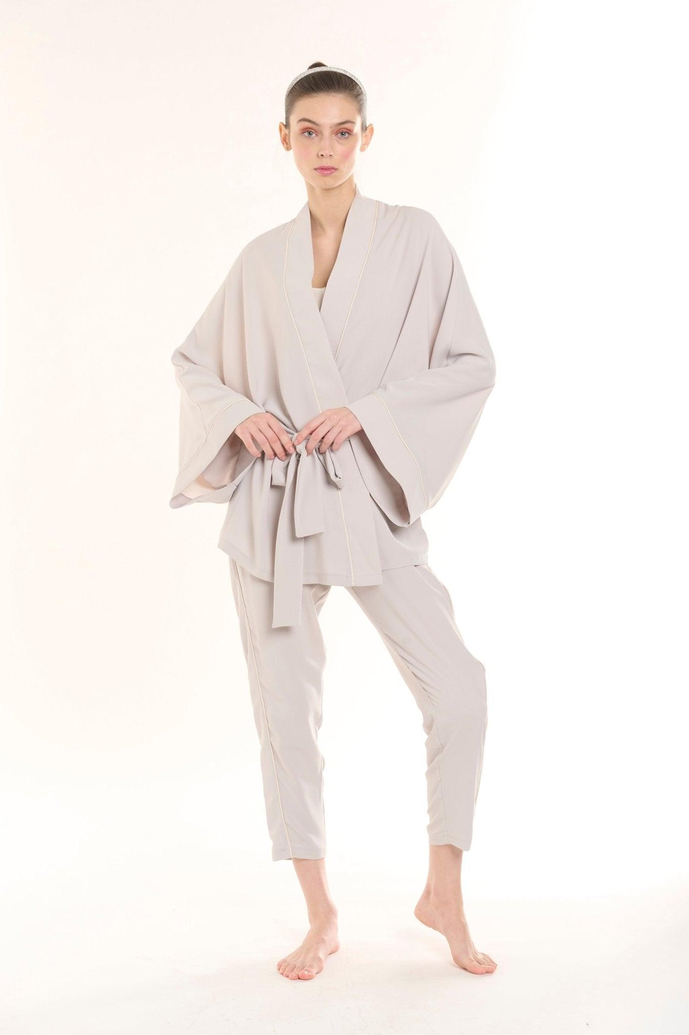 Elowen - Gray Kimono Robe & Pants Satin Pajama Set - NOWIHT - Pajamas