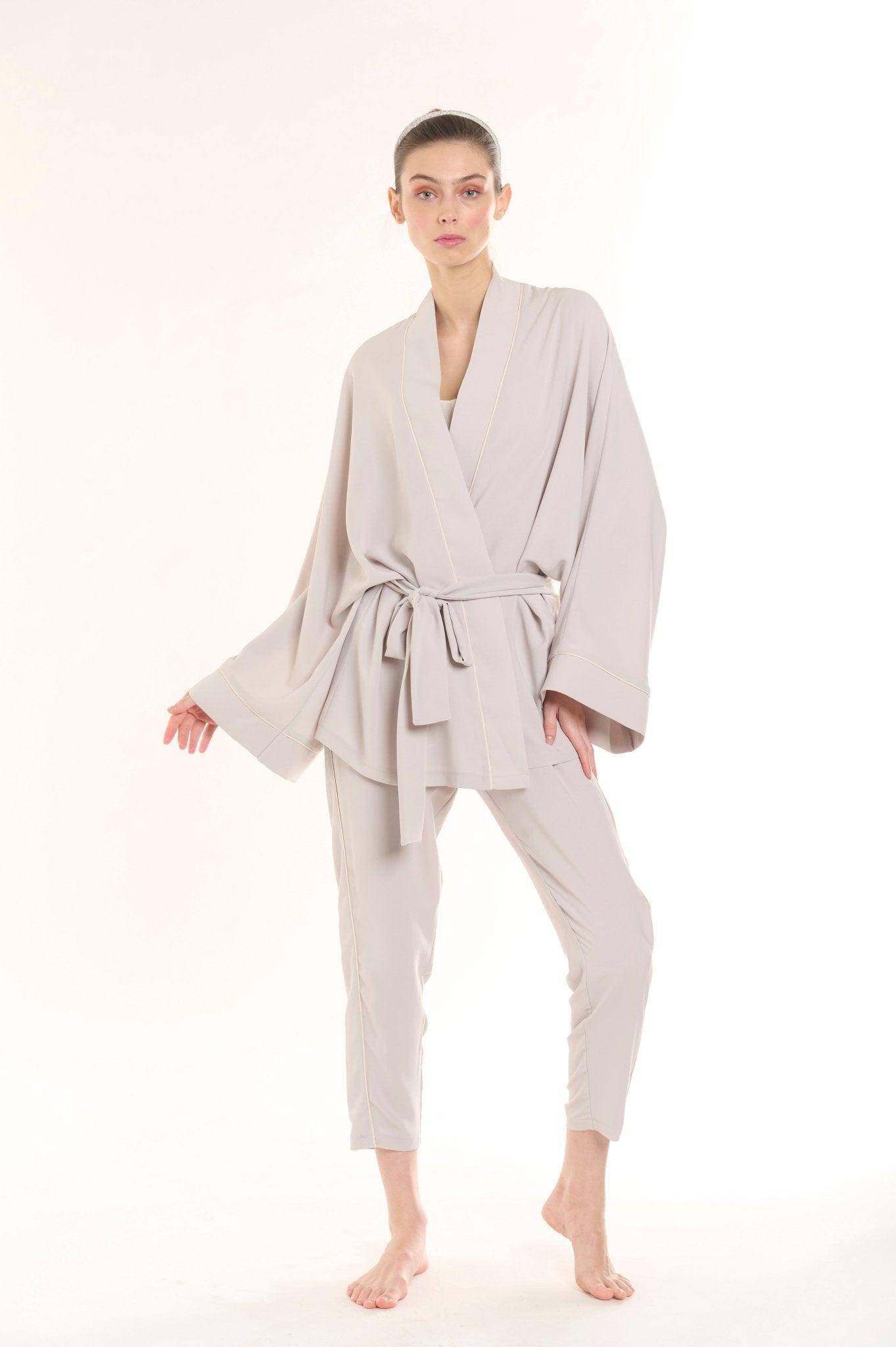 Elowen - Gray Kimono Robe & Pants Satin Pajama Set - NOWIHT - Pajamas