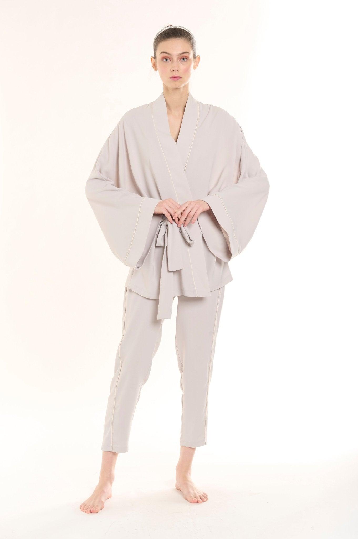 Elowen - Gray Kimono Robe & Pants Satin Pajama Set - NOWIHT - Pajamas