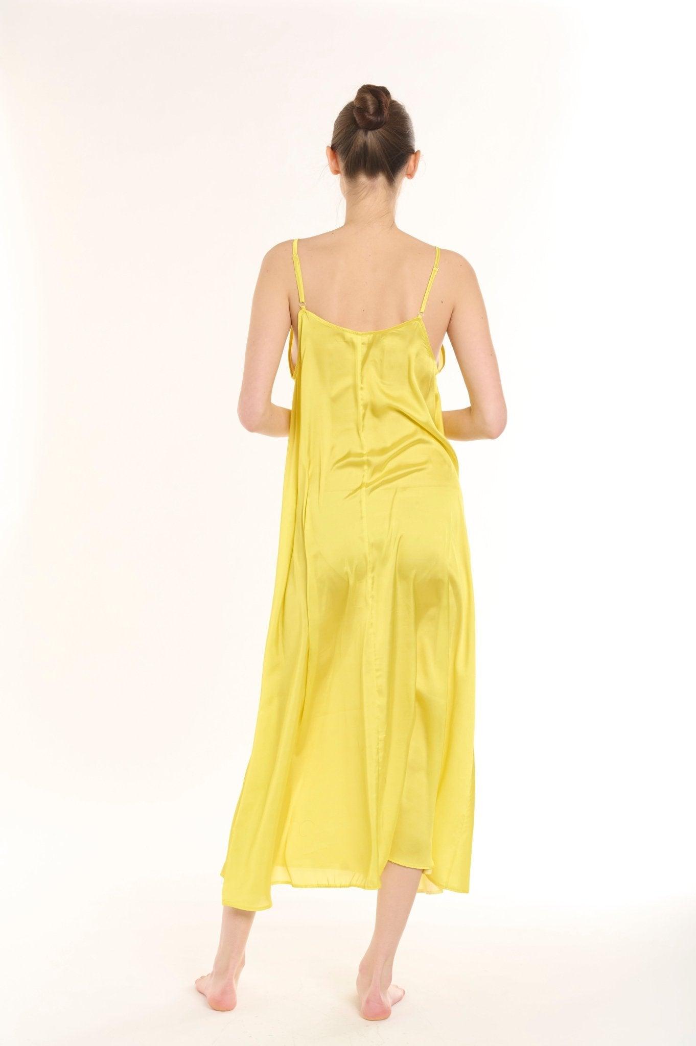 Eva - Sunny Yellow Satin Nightgown with Delicate Adjustable Straps - NOWIHT - Nightgowns