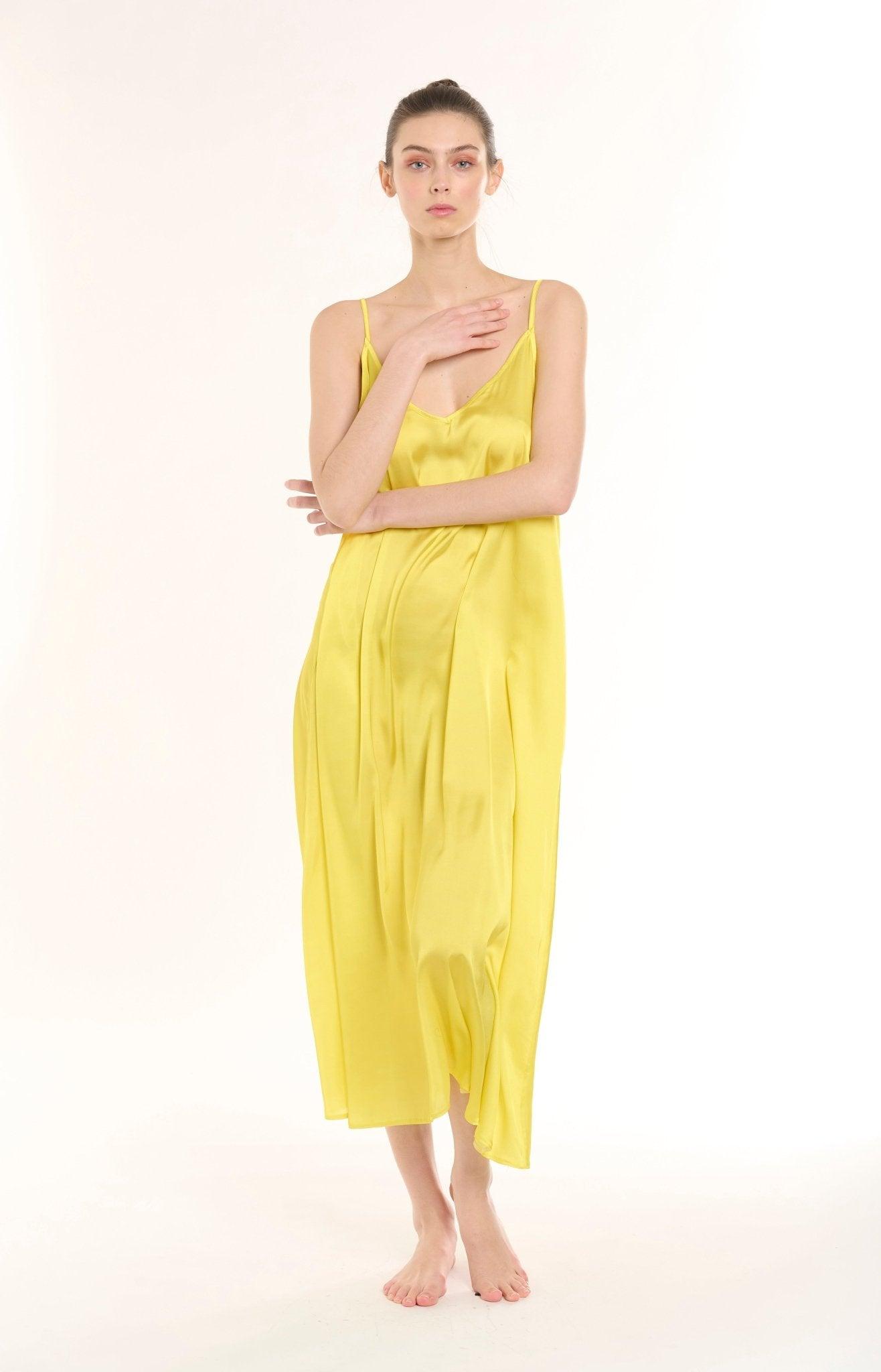 Eva - Sunny Yellow Satin Nightgown with Delicate Adjustable Straps - NOWIHT - Nightgowns