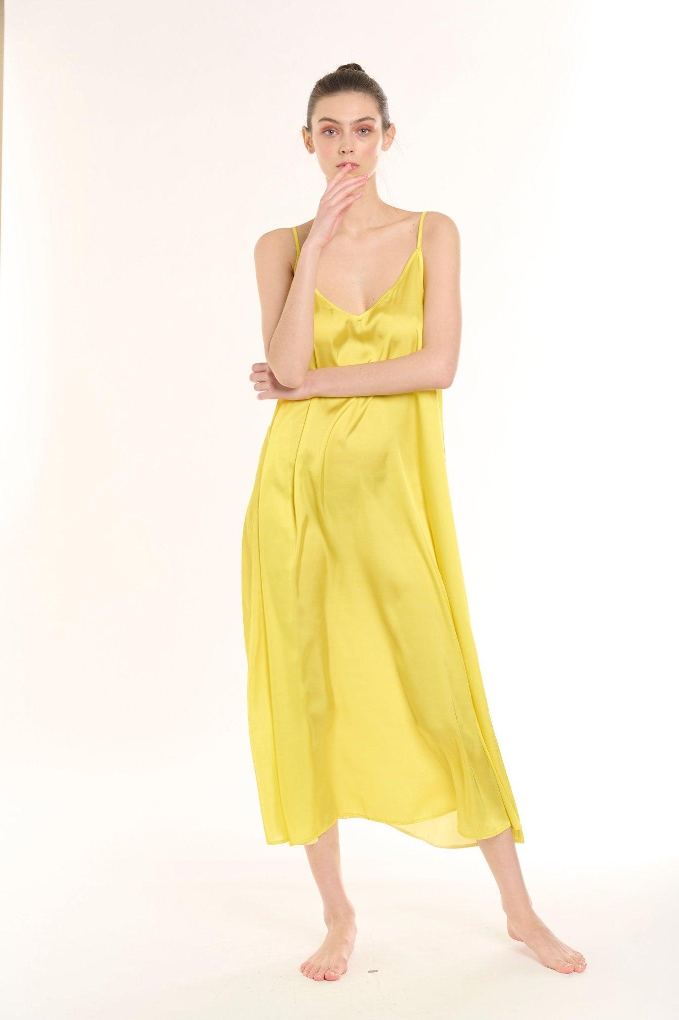 Eva - Sunny Yellow Satin Nightgown with Delicate Adjustable Straps - NOWIHT - Nightgowns