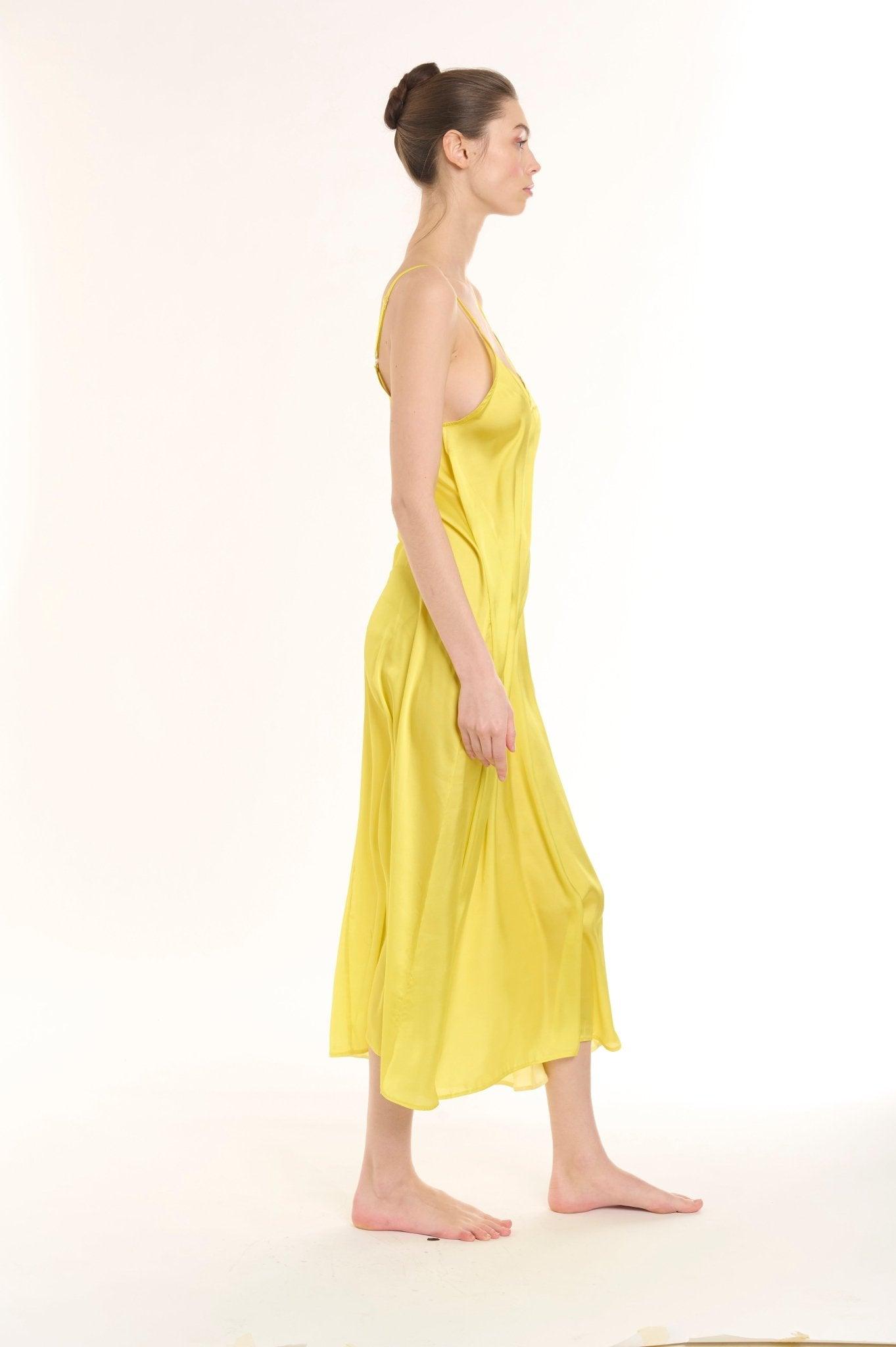 Eva - Sunny Yellow Satin Nightgown with Delicate Adjustable Straps - NOWIHT - Nightgowns