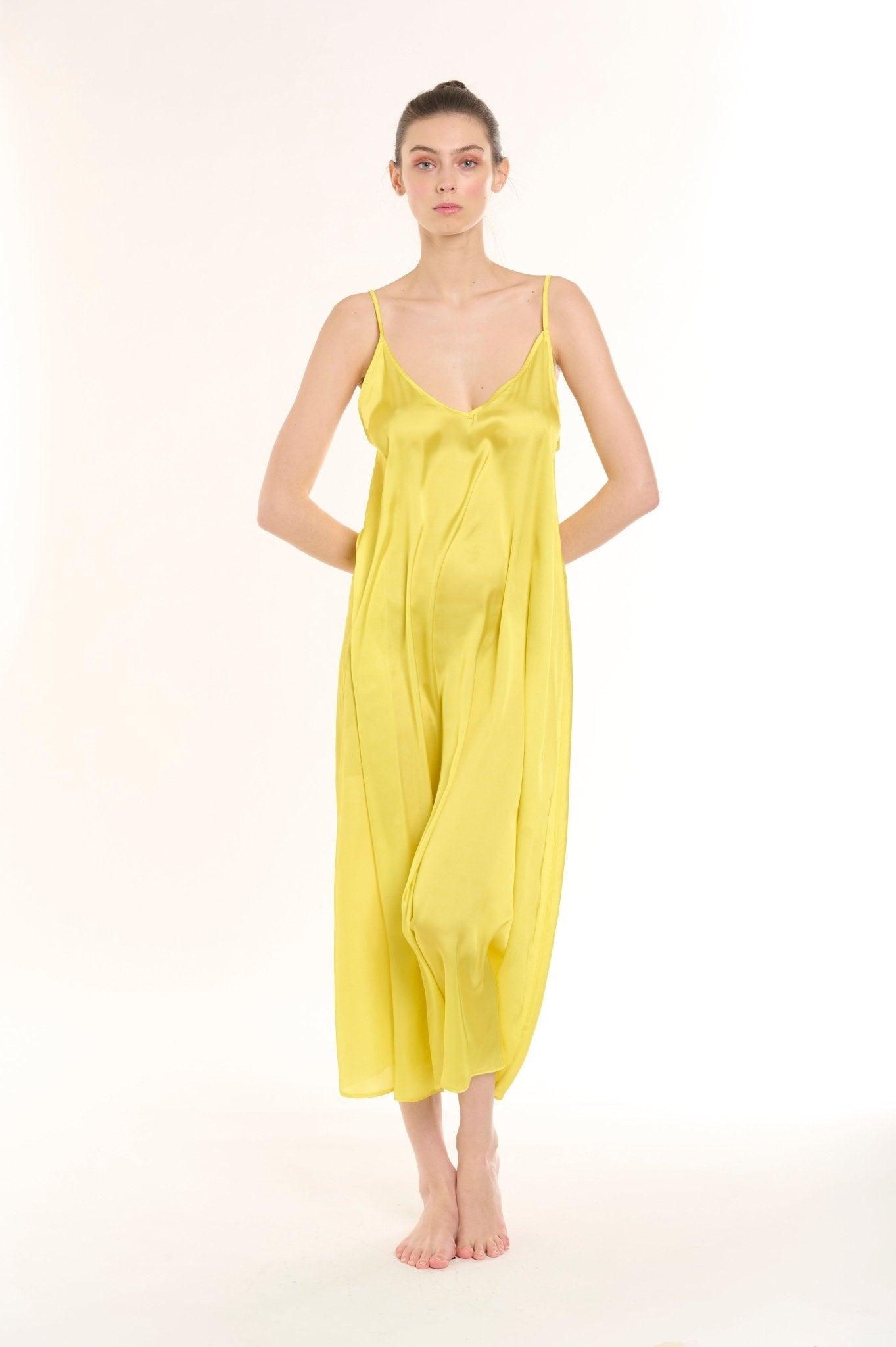 Eva - Sunny Yellow Satin Nightgown with Delicate Adjustable Straps - NOWIHT - Nightgowns