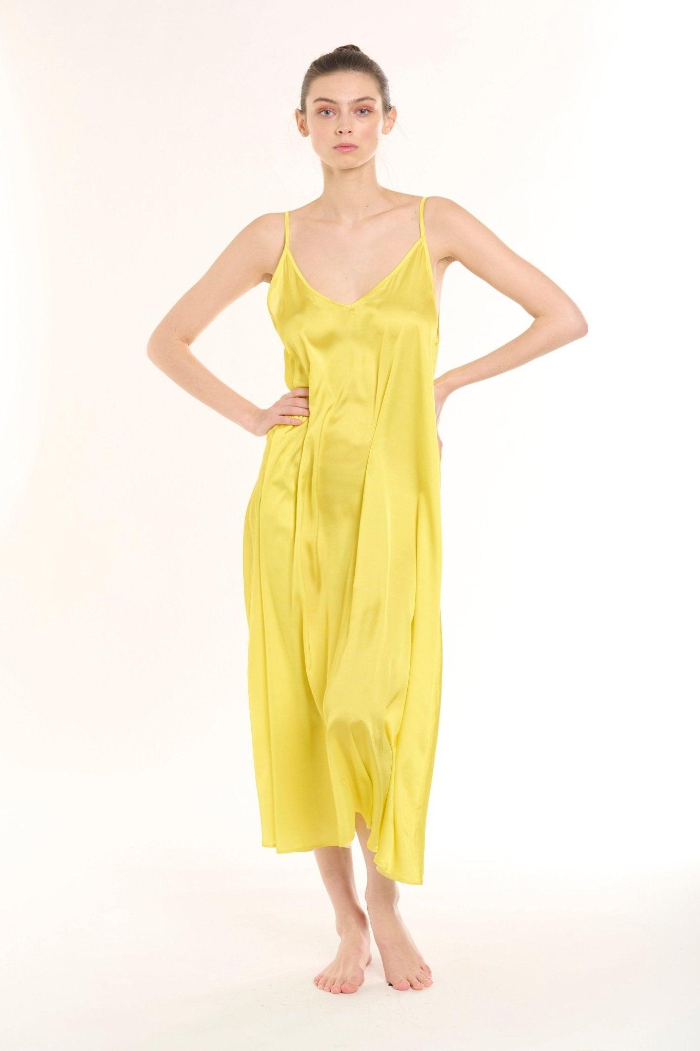 Eva - Sunny Yellow Satin Nightgown with Delicate Adjustable Straps - NOWIHT - Nightgowns