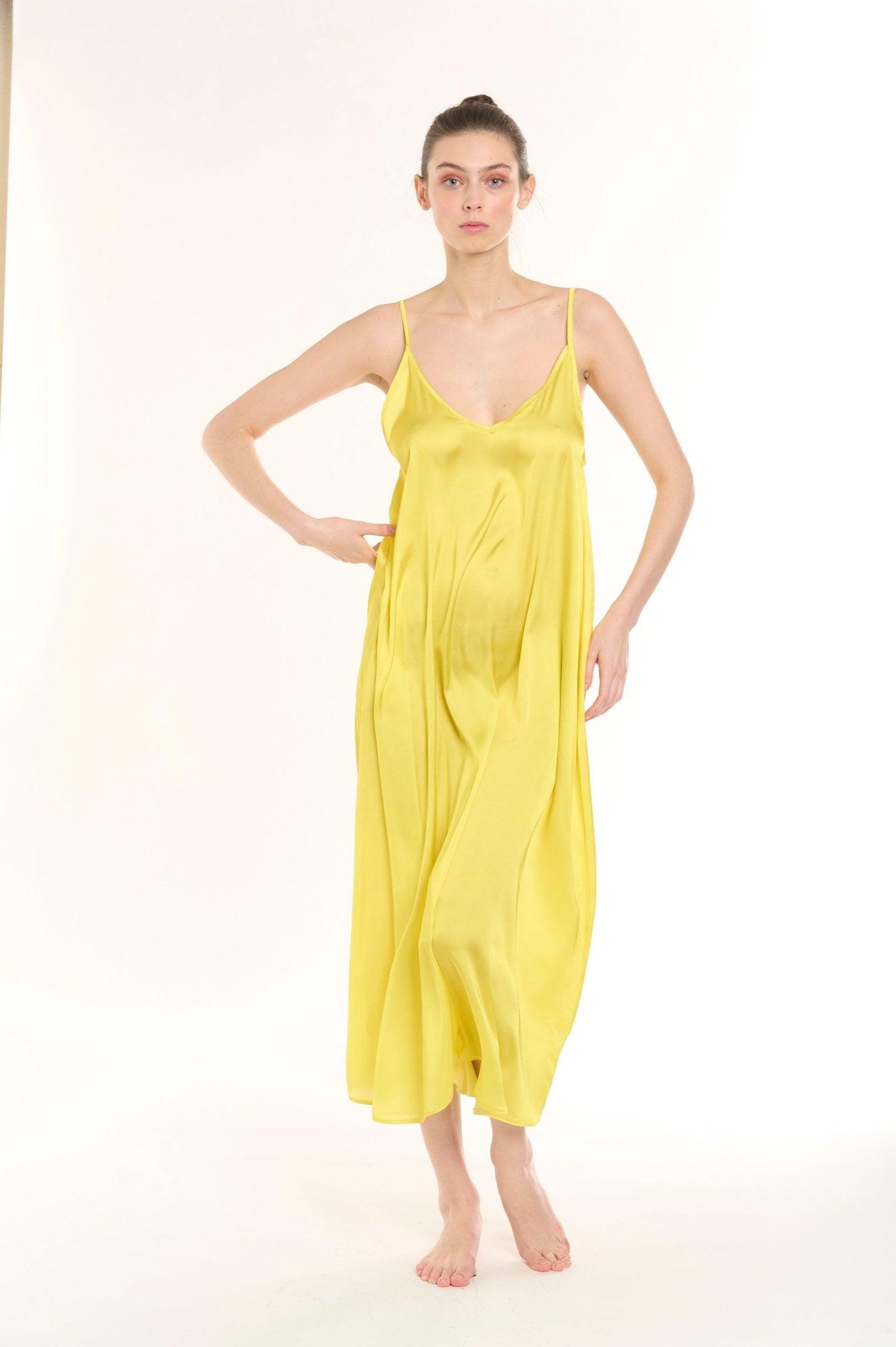 Eva - Sunny Yellow Satin Nightgown with Delicate Adjustable Straps - NOWIHT - Nightgowns