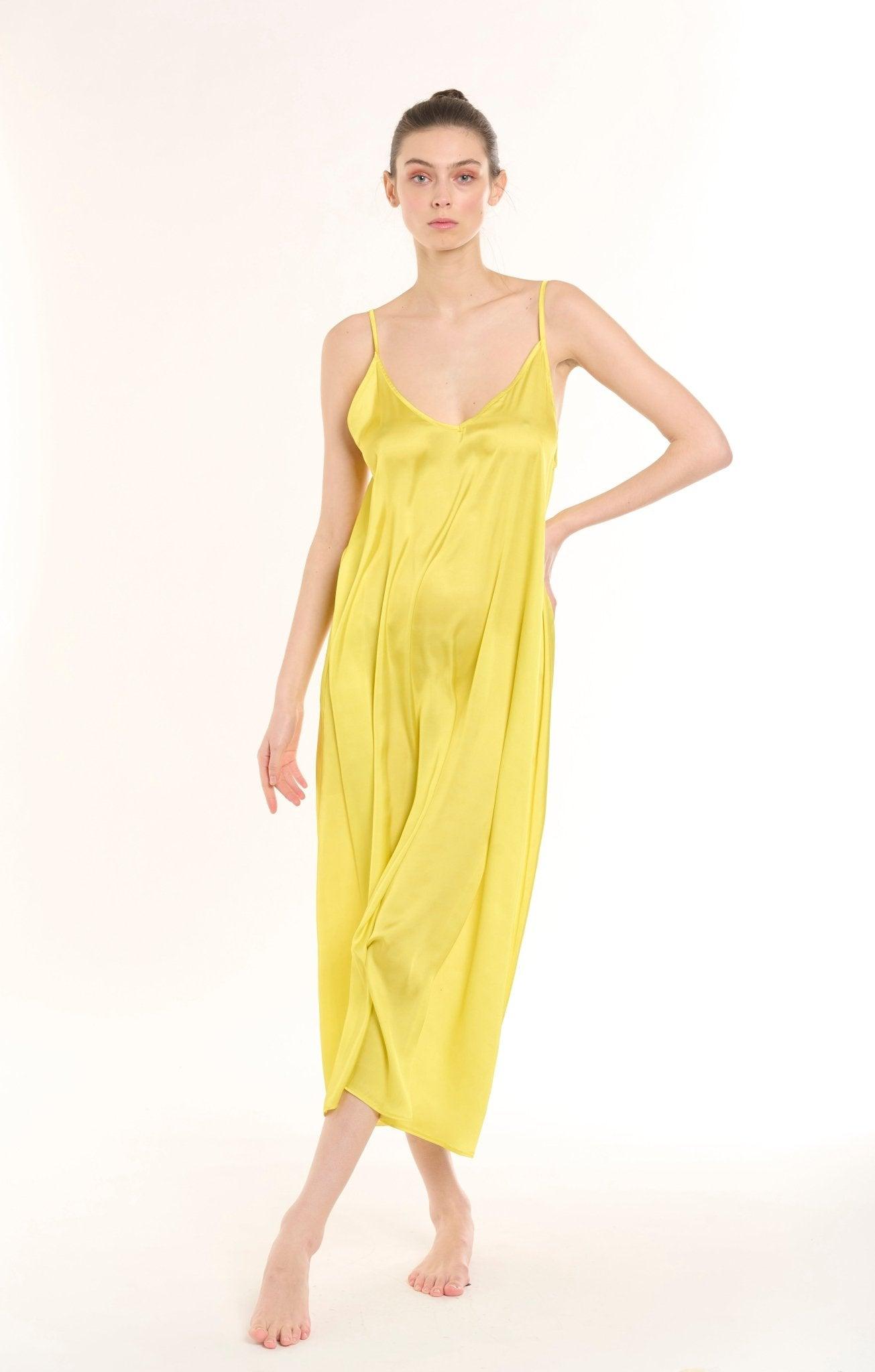 Eva - Sunny Yellow Satin Nightgown with Delicate Adjustable Straps - NOWIHT - Nightgowns