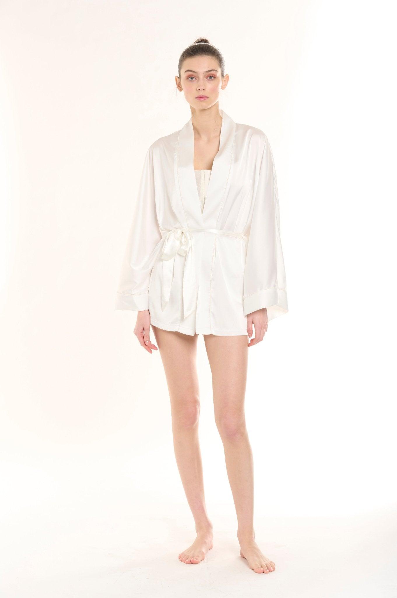 Evelina - White Satin Bridal Kimono & Shorts Set - NOWIHT - Pajamas