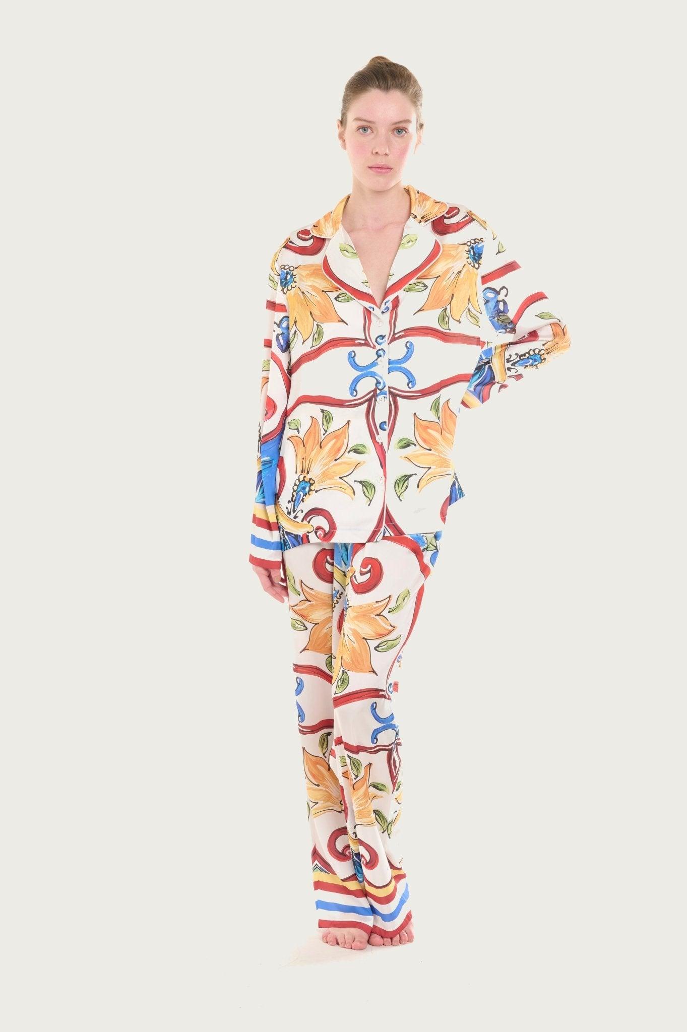 Florence - Artistic Ivory Floral Satin Pajama Set - NOWIHT - Pajama Set