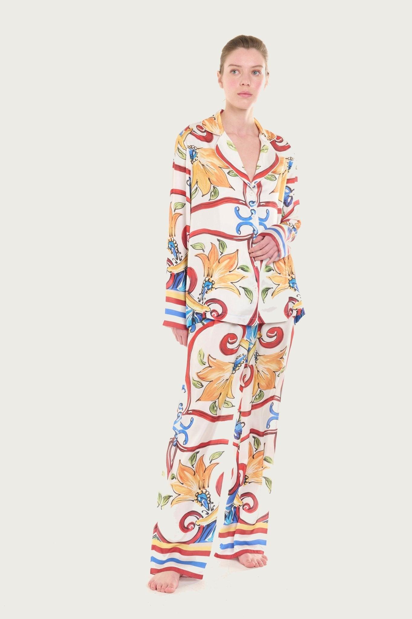 Florence - Artistic Ivory Floral Satin Pajama Set - NOWIHT - Pajama Set