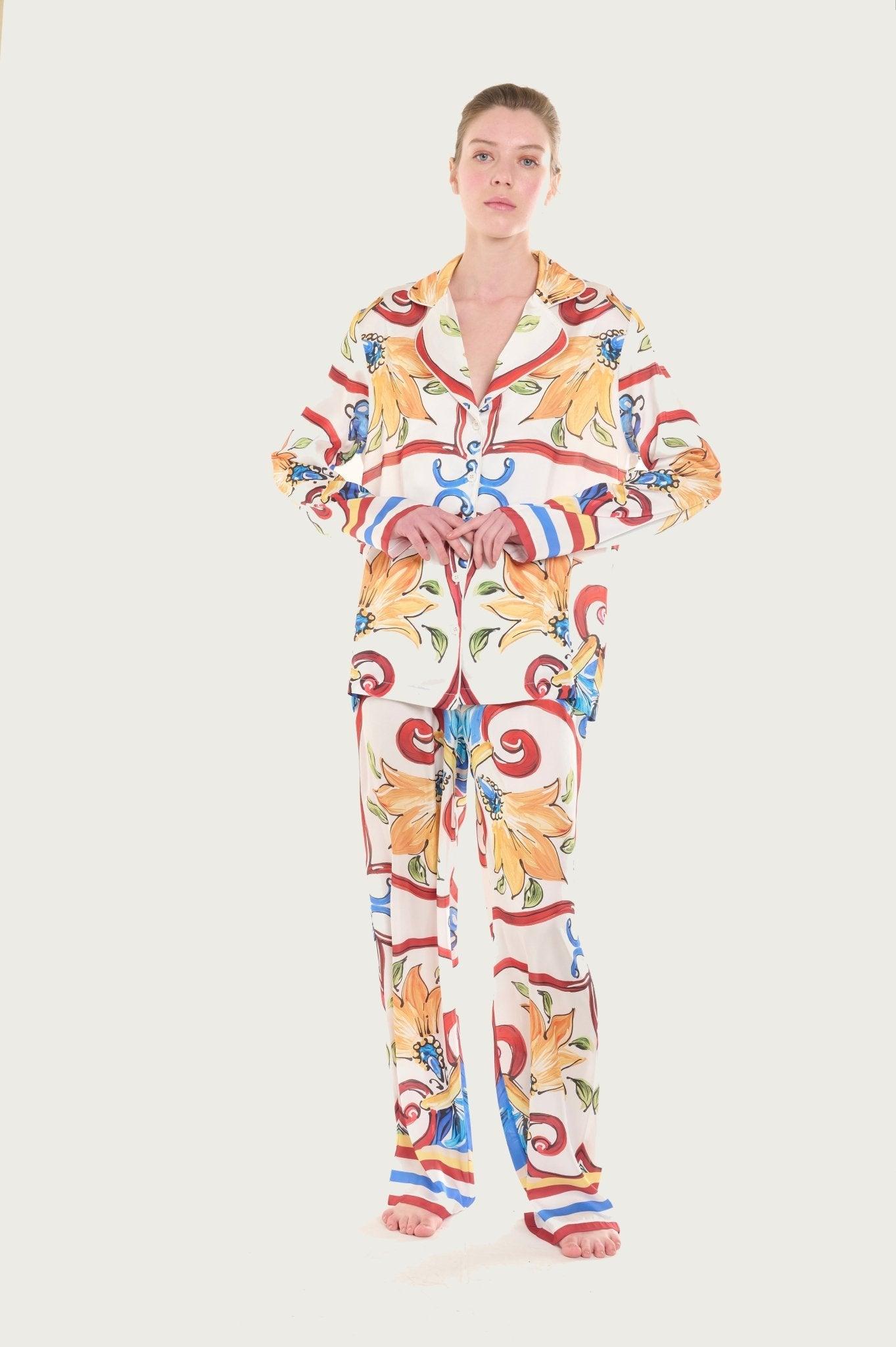 Florence - Artistic Ivory Floral Satin Pajama Set - NOWIHT - Pajama Set