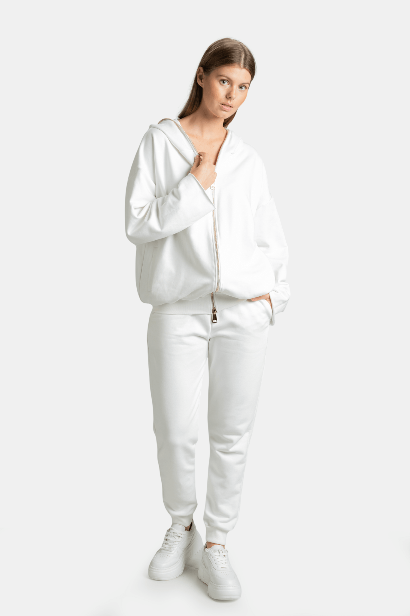 Kyra Full Zip Tracksuit Set - Elegant Ecru Lounge Wear