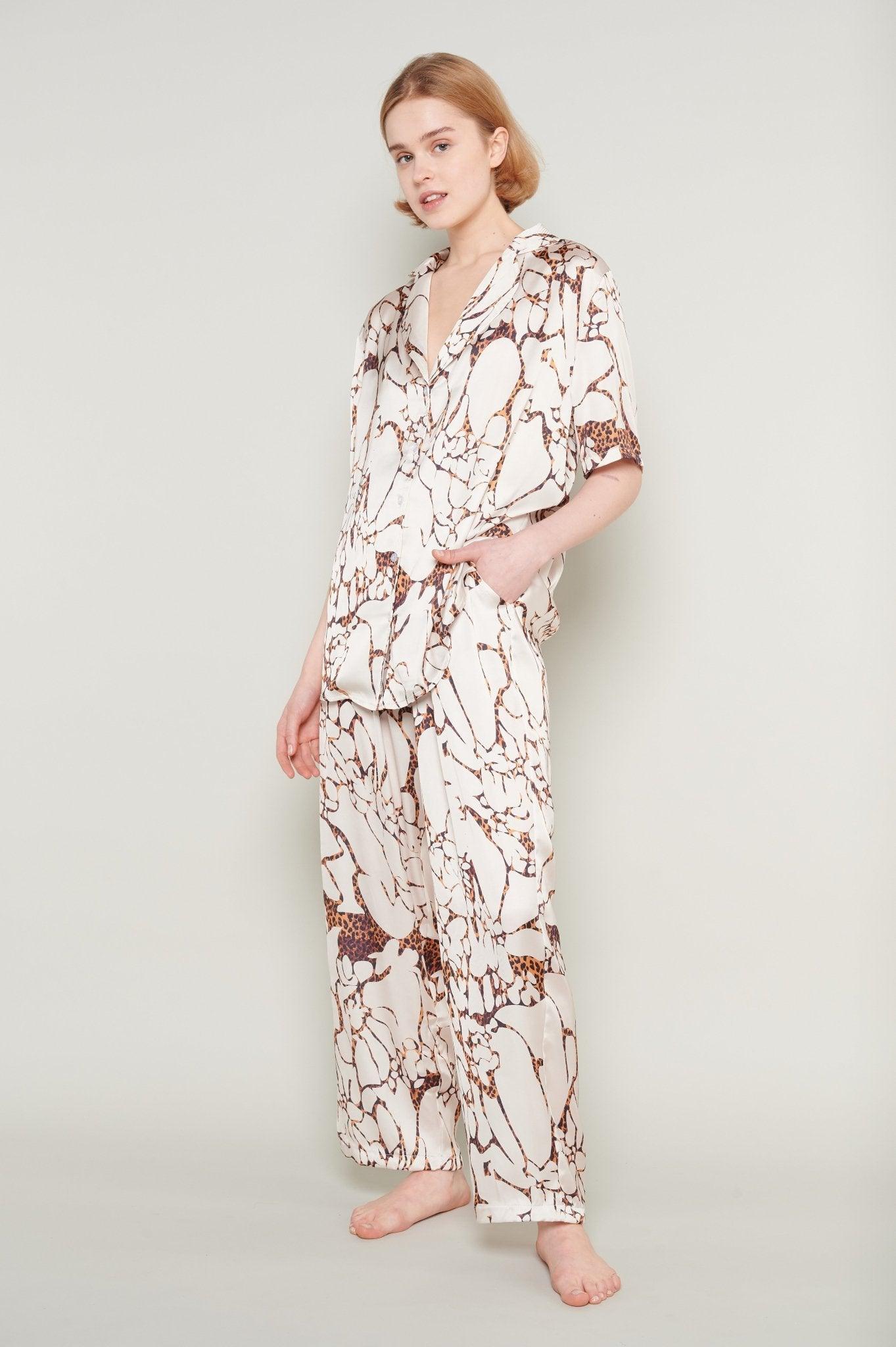 Laila - Abstract Beige Satin Pajama Set - NOWIHT - Pajamas