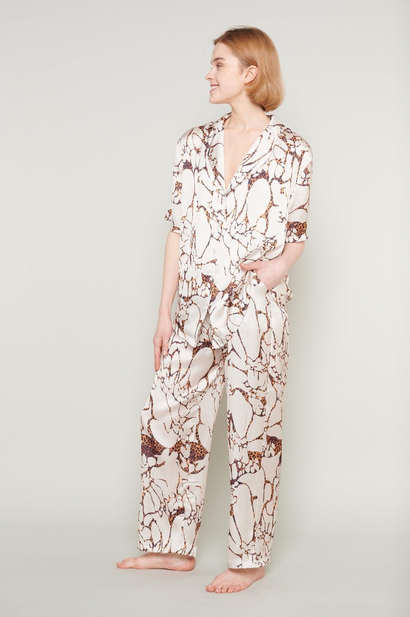 Laila - Abstract Beige Satin Pajama Set - NOWIHT - Pajamas