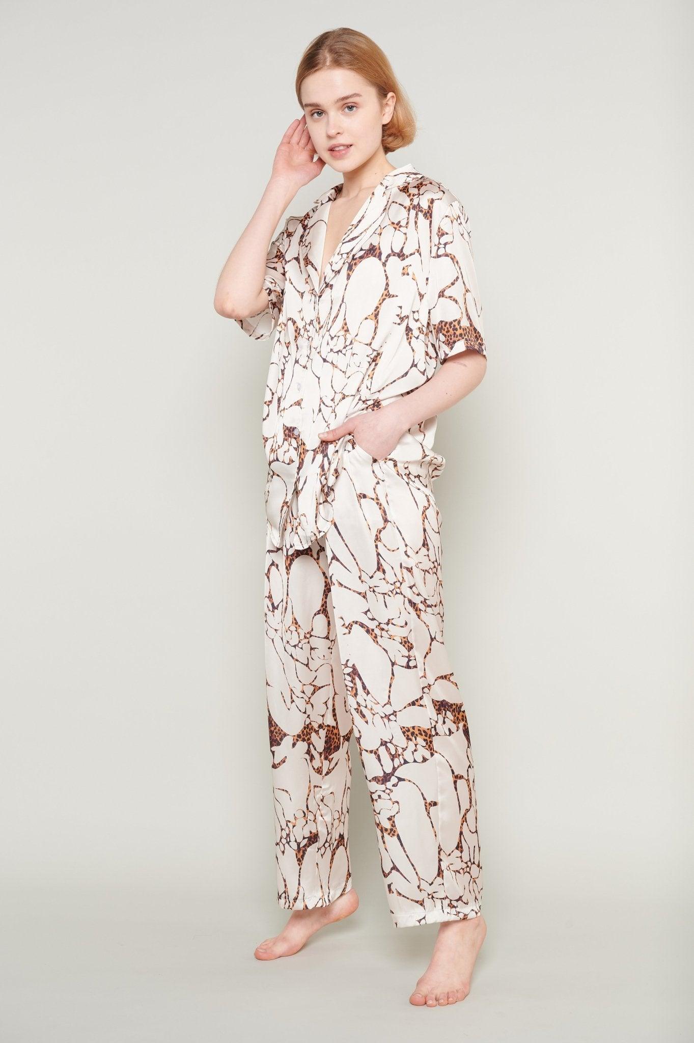 Laila - Abstract Beige Satin Pajama Set - NOWIHT - Pajamas