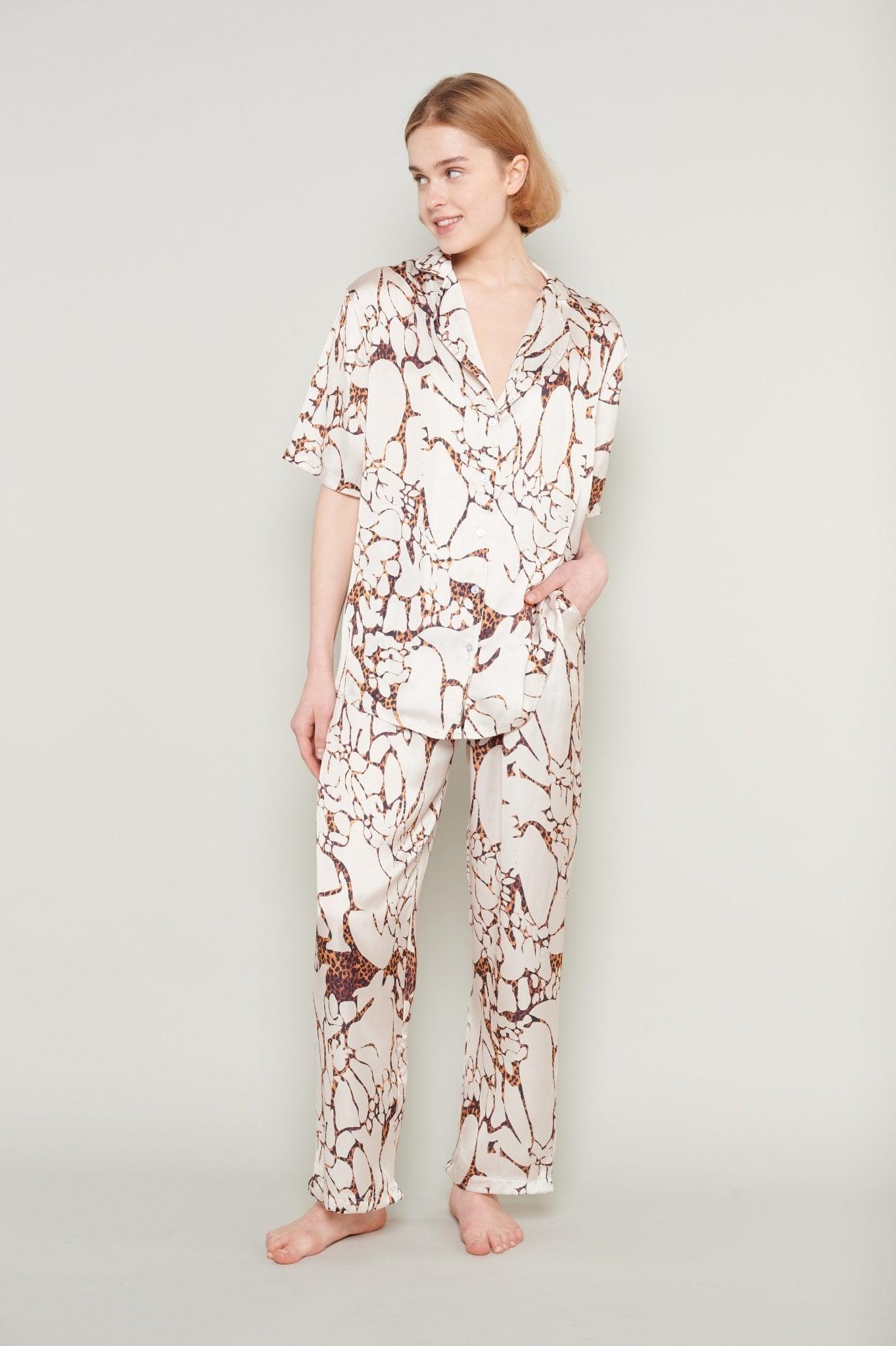 Laila - Abstract Beige Satin Pajama Set - NOWIHT - Pajamas