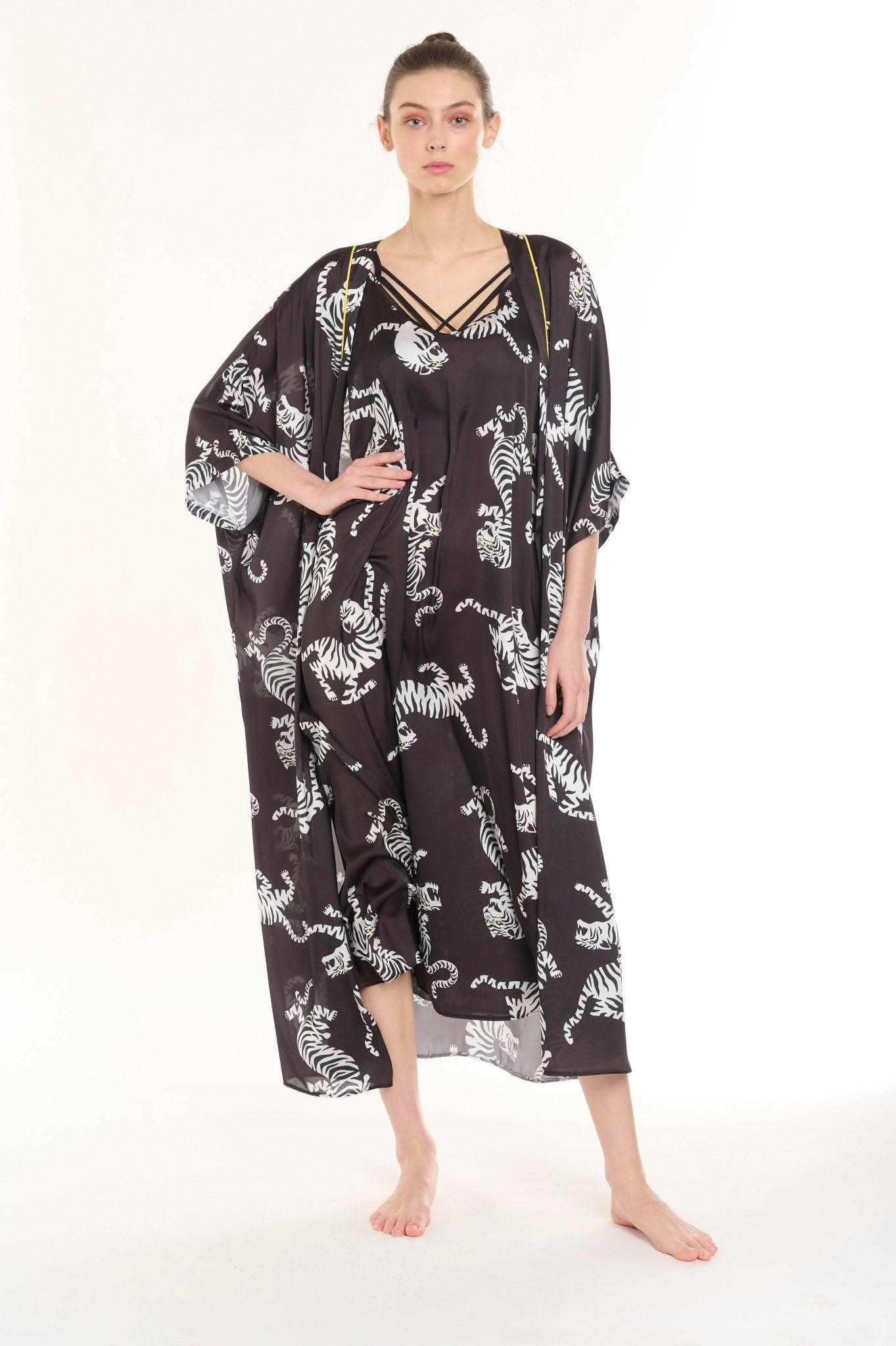 Leila - Midnight Leopard Satin Nightgown & Robe Set - NOWIHT - Pajamas