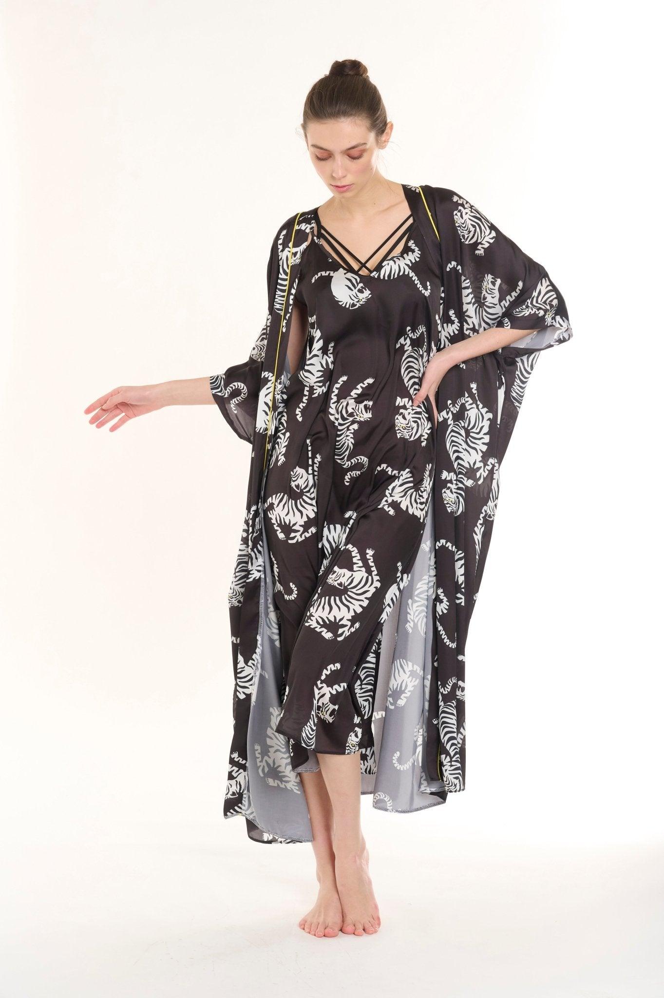 Leila - Midnight Leopard Satin Nightgown & Robe Set - NOWIHT - Pajamas