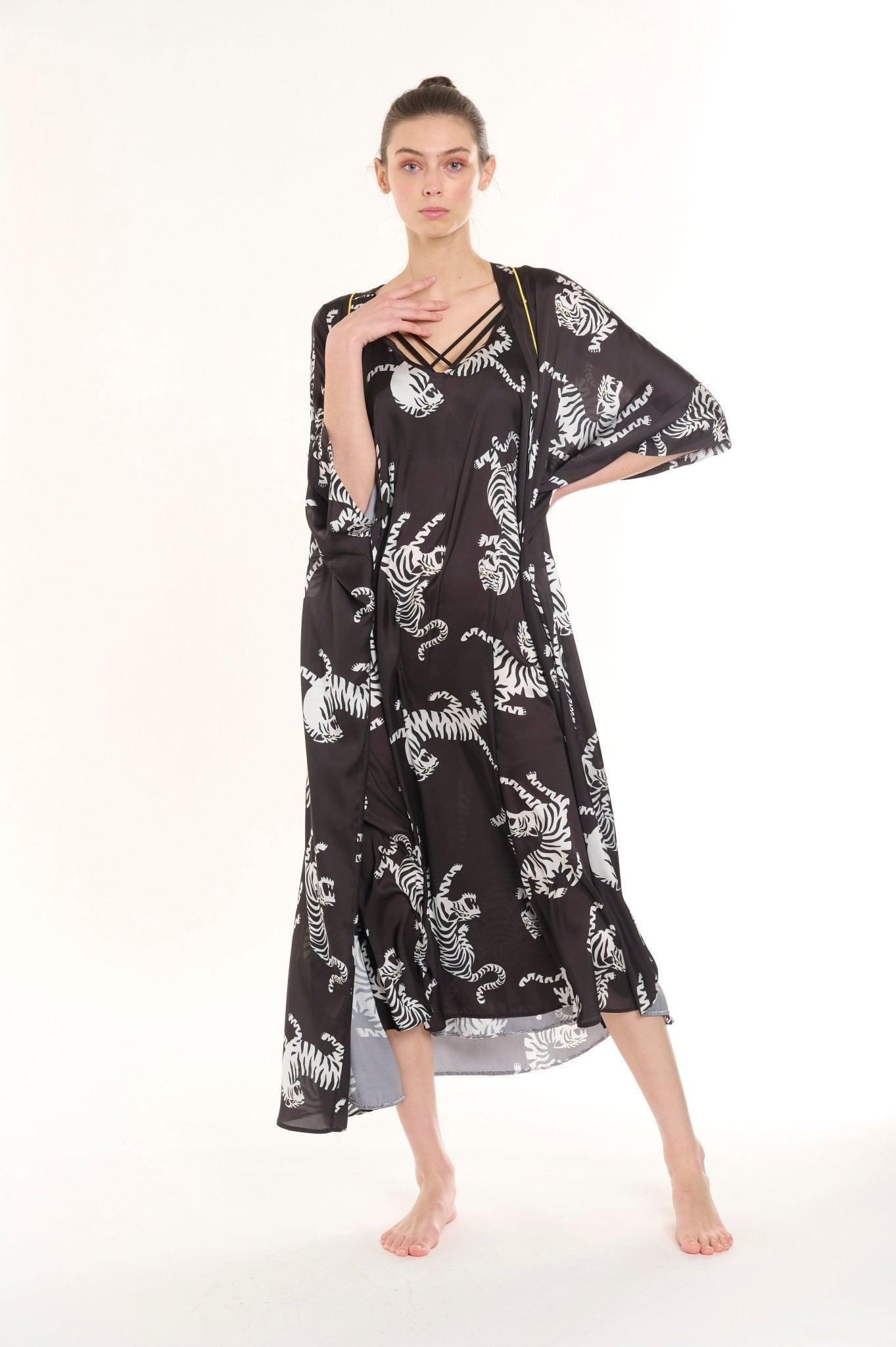 Leila - Midnight Leopard Satin Nightgown & Robe Set - NOWIHT - Pajamas