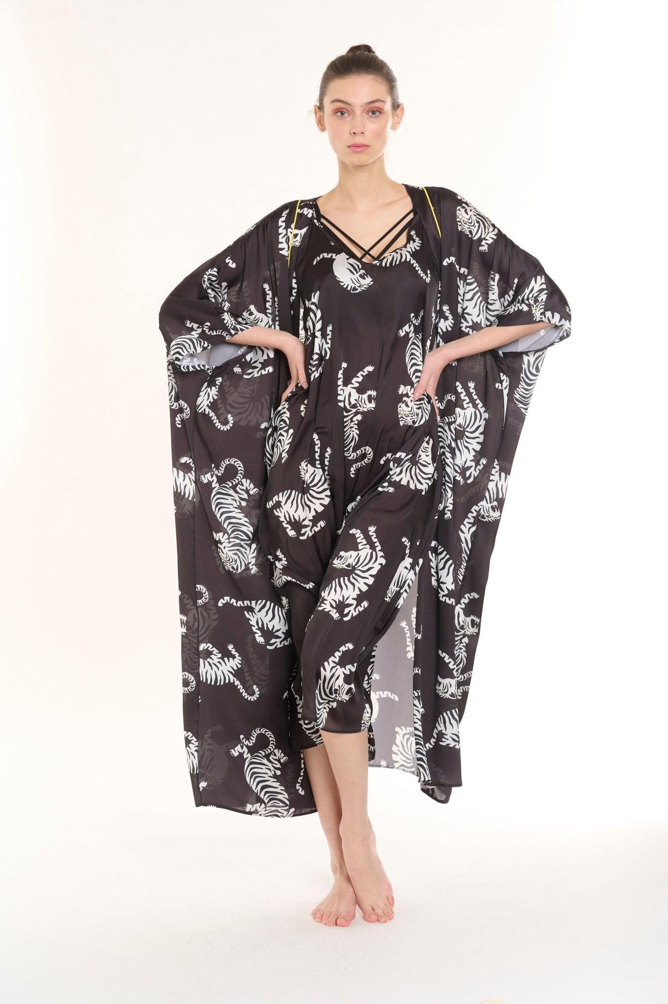 Leila - Midnight Leopard Satin Nightgown & Robe Set - NOWIHT - Pajamas