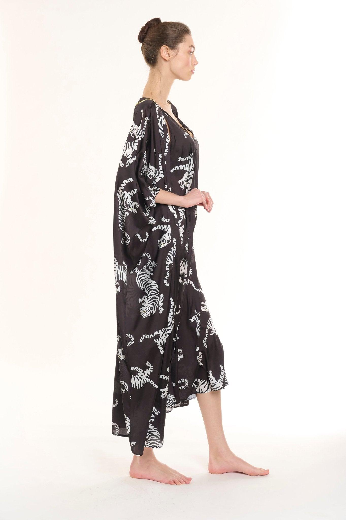 Leila - Midnight Leopard Satin Nightgown & Robe Set - NOWIHT - Pajamas