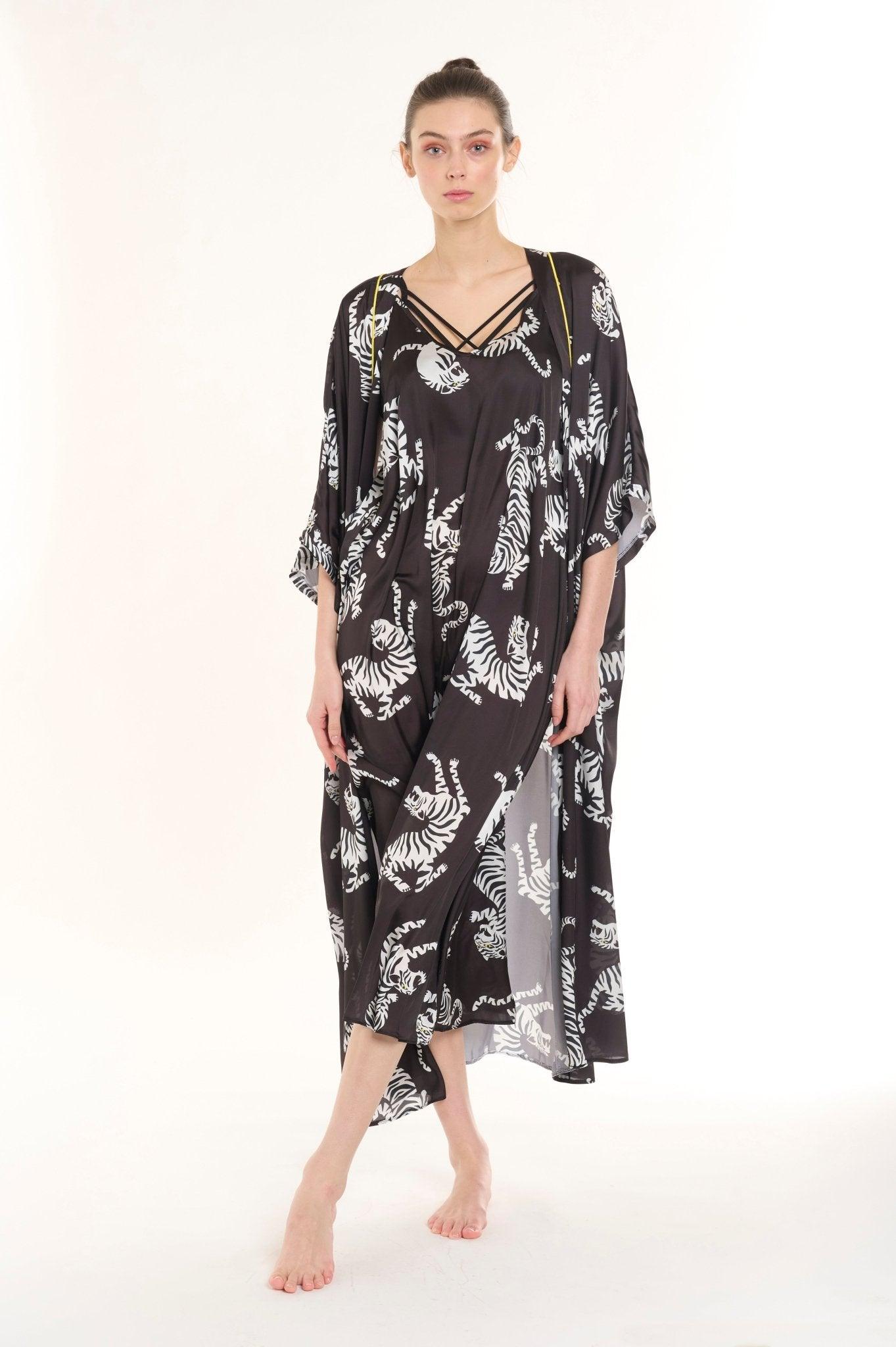 Leila - Midnight Leopard Satin Nightgown & Robe Set - NOWIHT - Pajamas