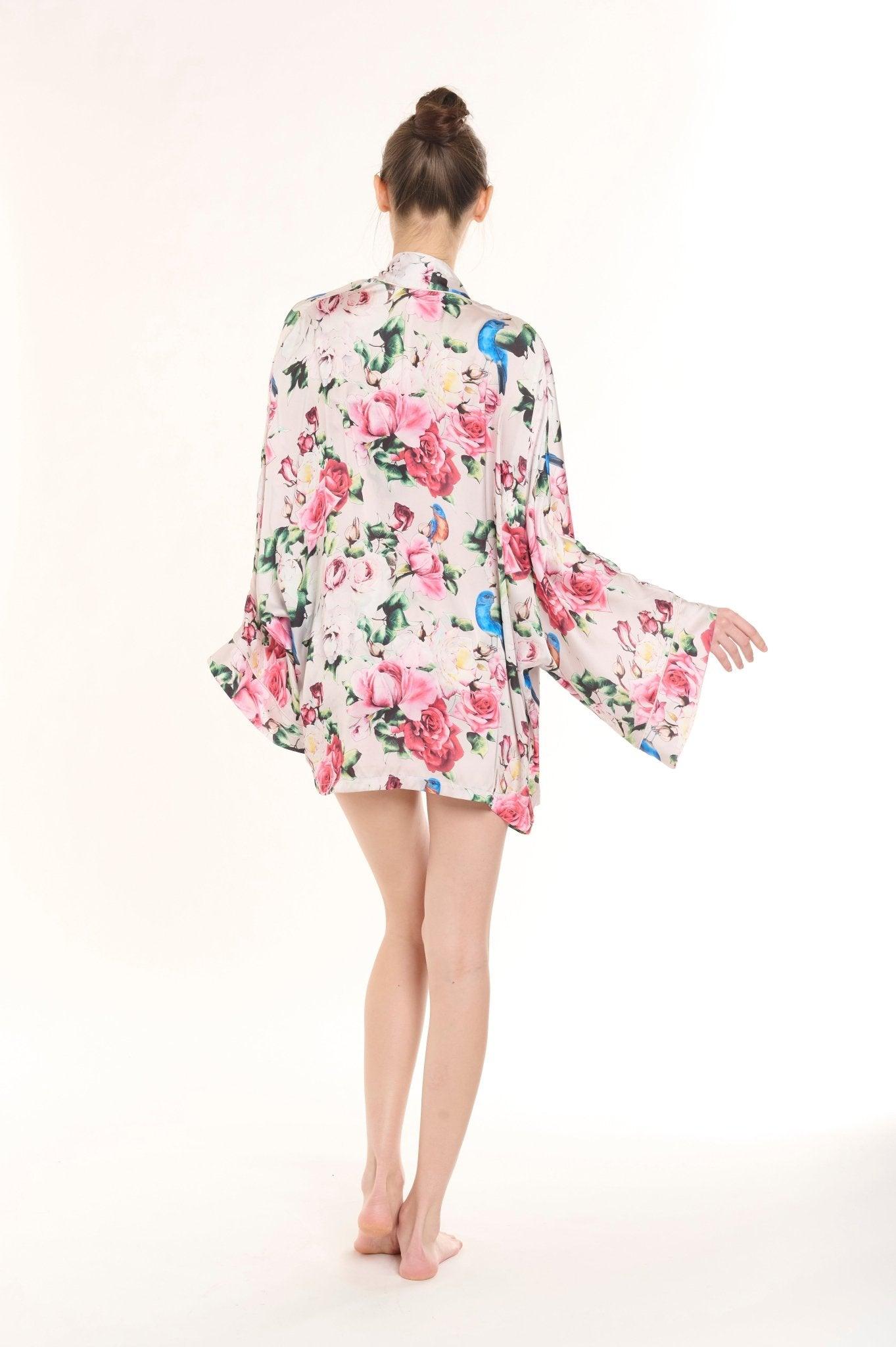 Lilyanna - Pink Floral Satin Kimono, Tank Top & Shorts Set - NOWIHT - Pajamas