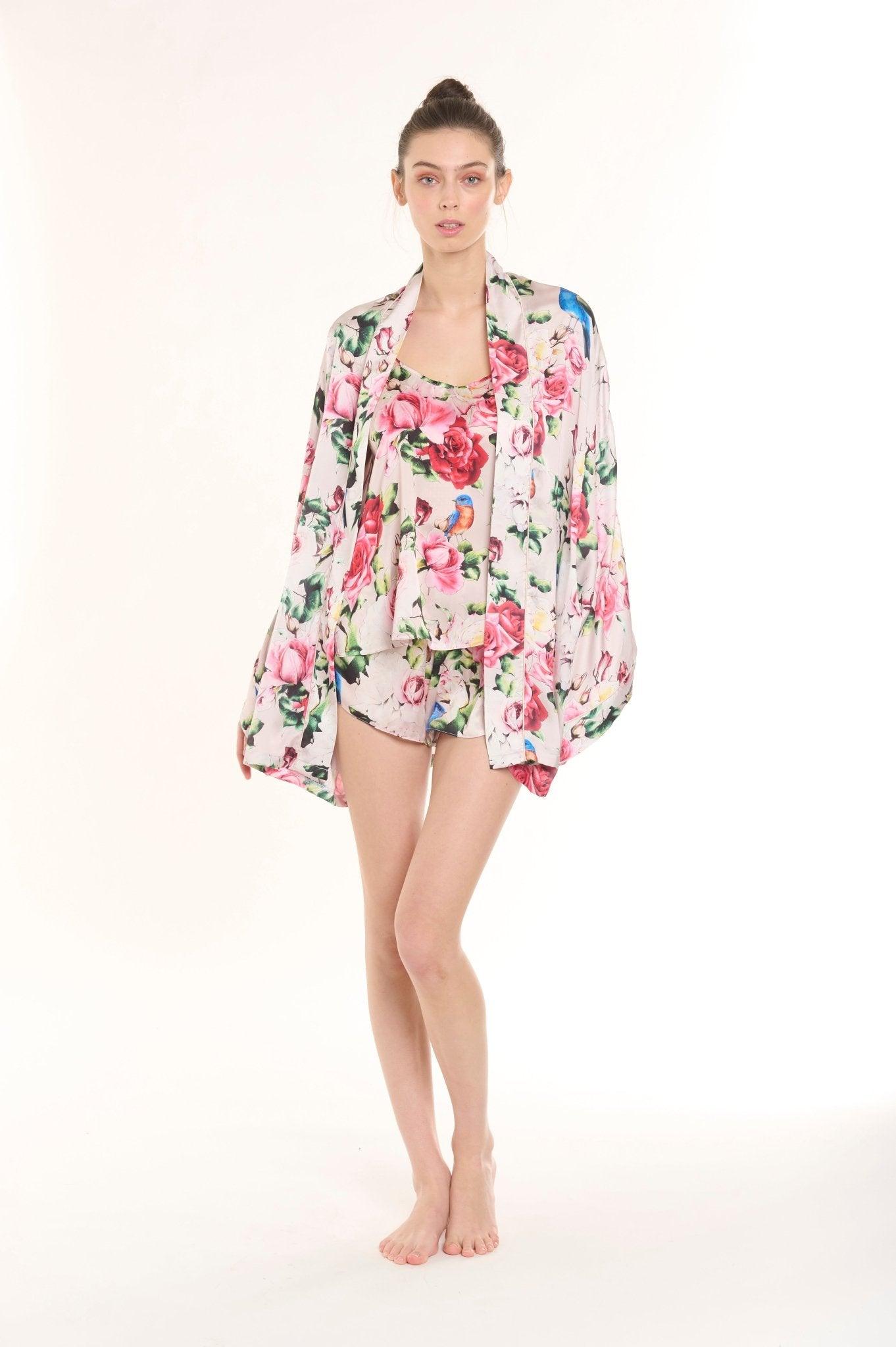 Lilyanna - Pink Floral Satin Kimono, Tank Top & Shorts Set - NOWIHT - Pajamas