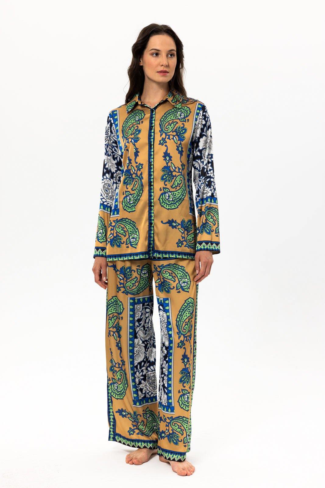 Liria - Ornate Paisley Satin Pajama Set - NOWIHT - Pajama Set