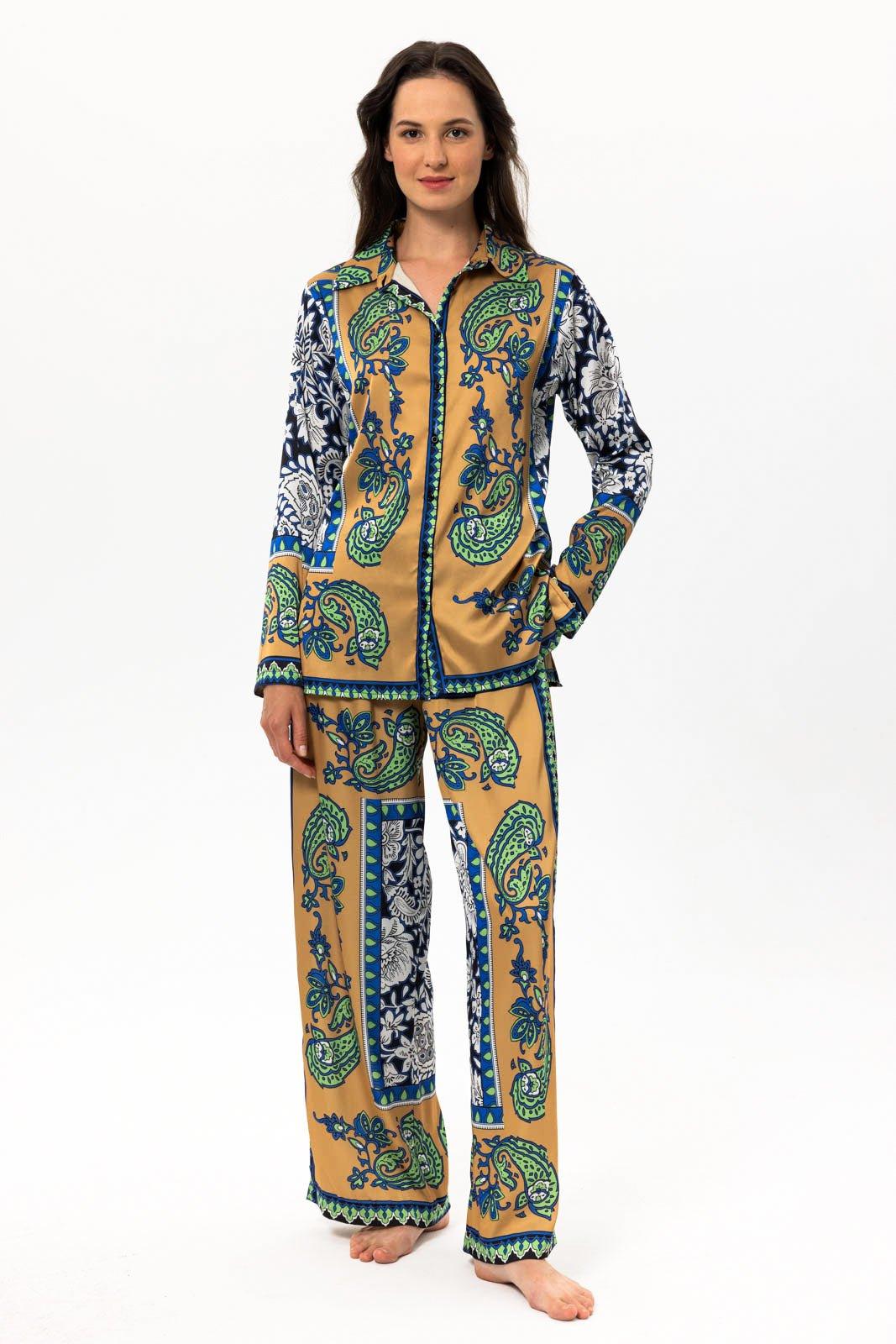 Liria - Ornate Paisley Satin Pajama Set - NOWIHT - Pajama Set