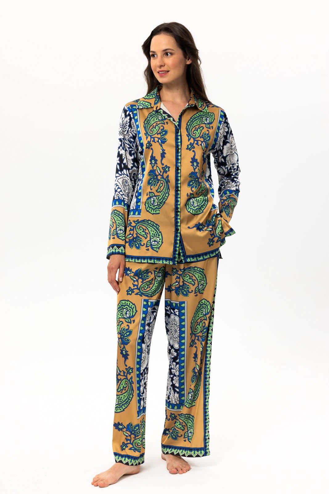 Liria - Ornate Paisley Satin Pajama Set - NOWIHT - Pajama Set