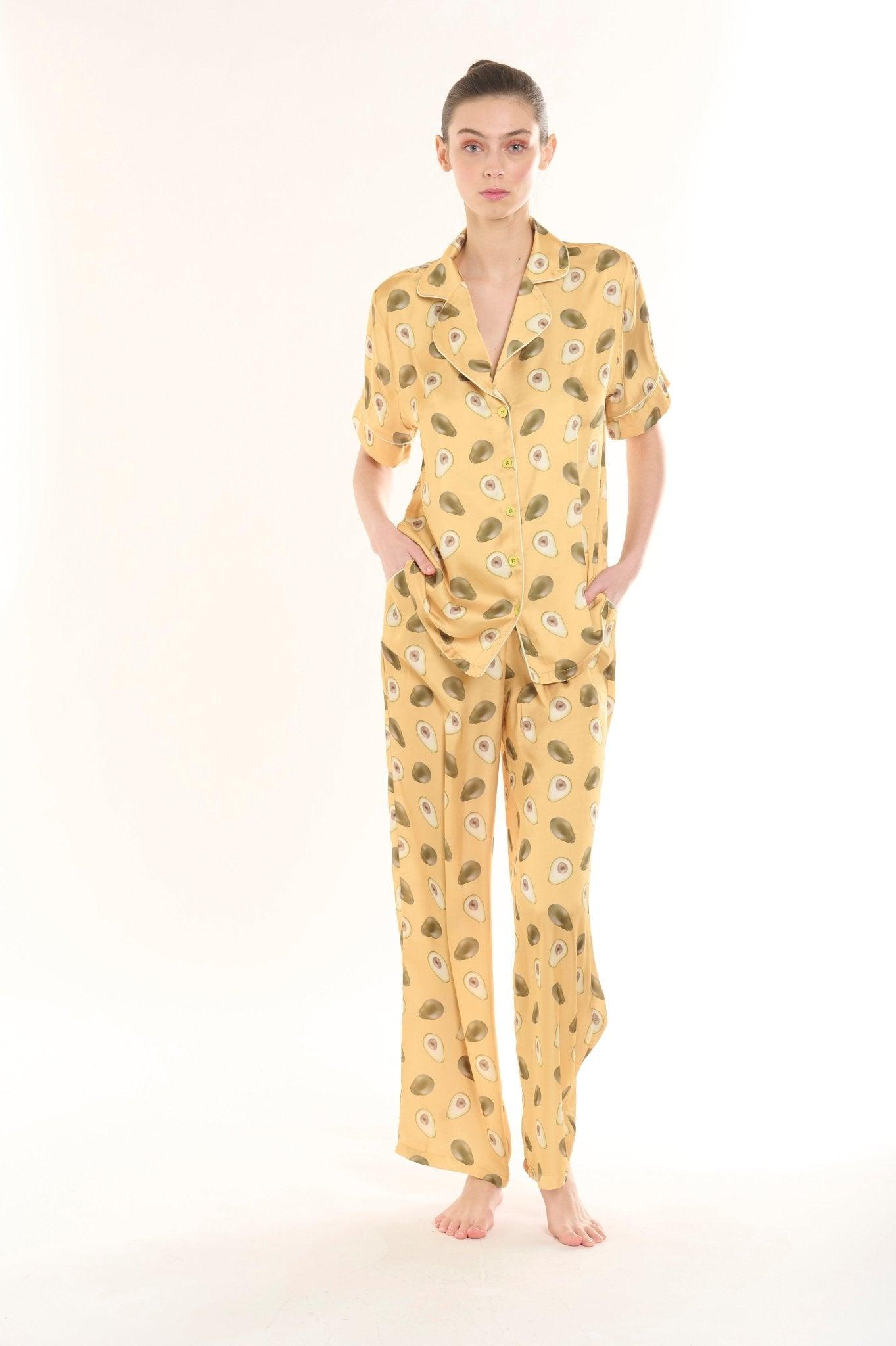 Lola - Playful Mustard Avocado Satin Pajama Set - NOWIHT - Pajama Set